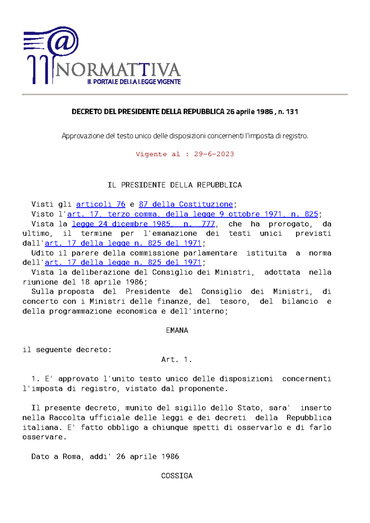 Decreto DEL Presidente Della Repubblica 131 1986-5 - DECRETO DEL ...