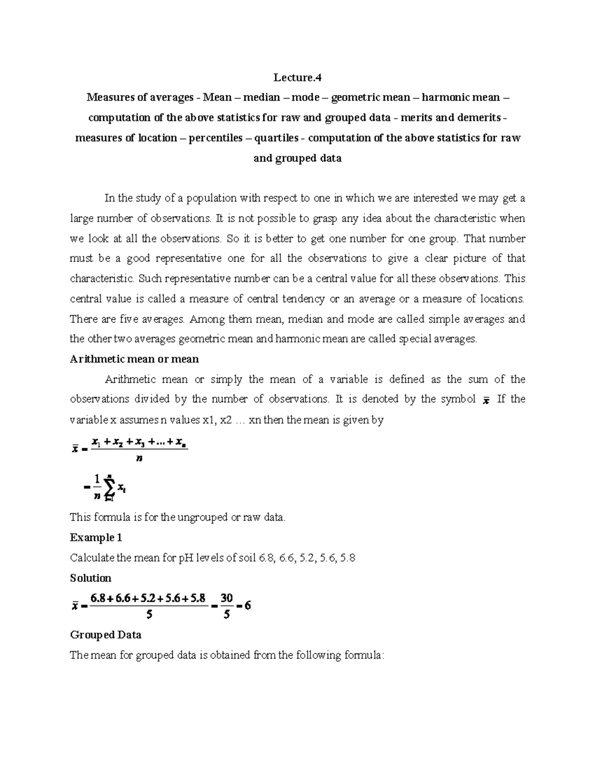 Mean - mean - Lecture. Measures of averages - Mean – median – mode ...