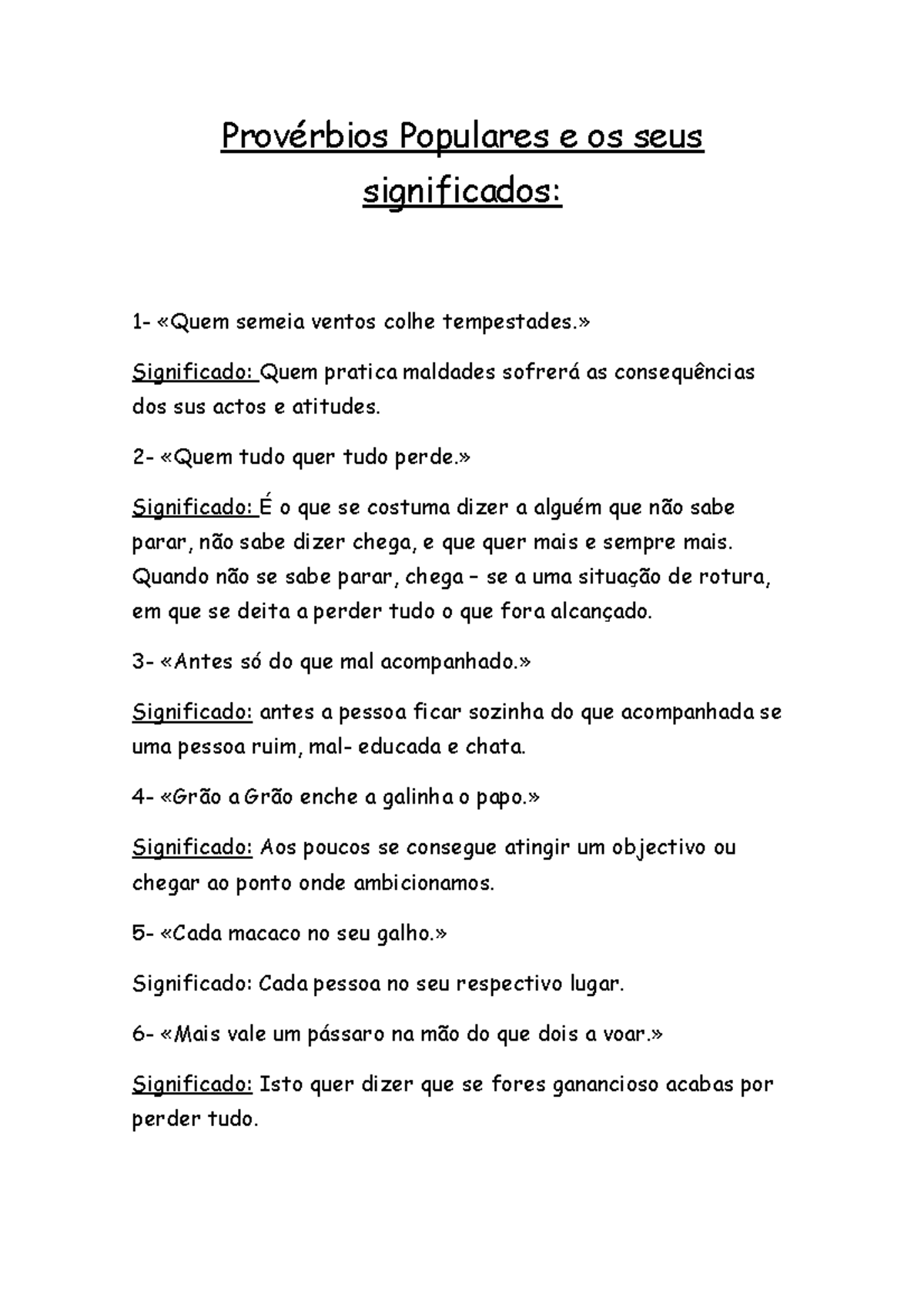 Provérbios Populares e os seus significados - Provérbios Populares e os ...