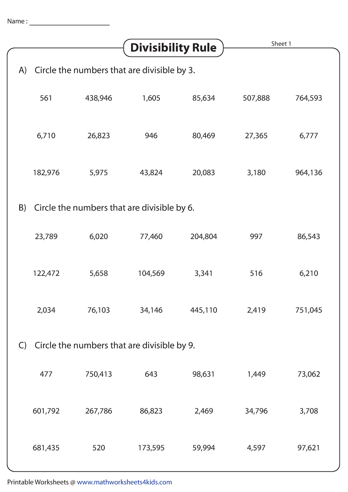 Divisibility 3, 6, 9 - N/A - Printable Worksheets @ mathworksheets4kids ...