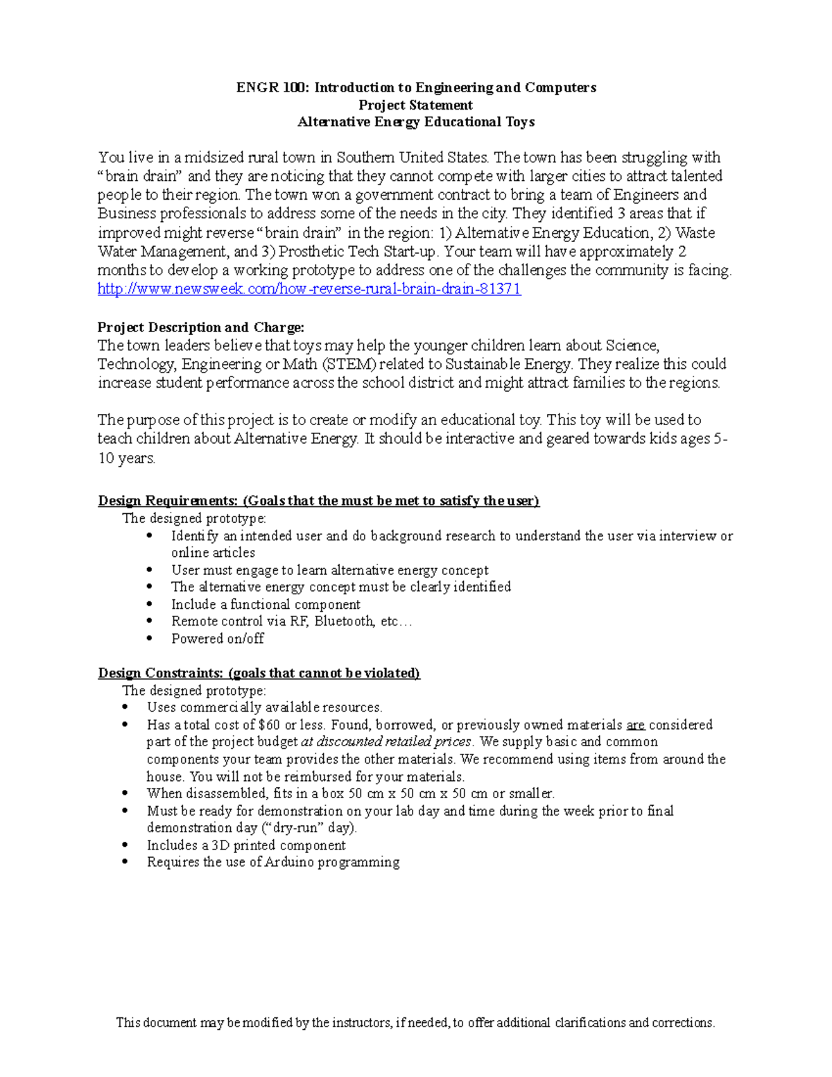 Project Descriptions W2018 - ENGR 100: Introduction to Engineering and ...