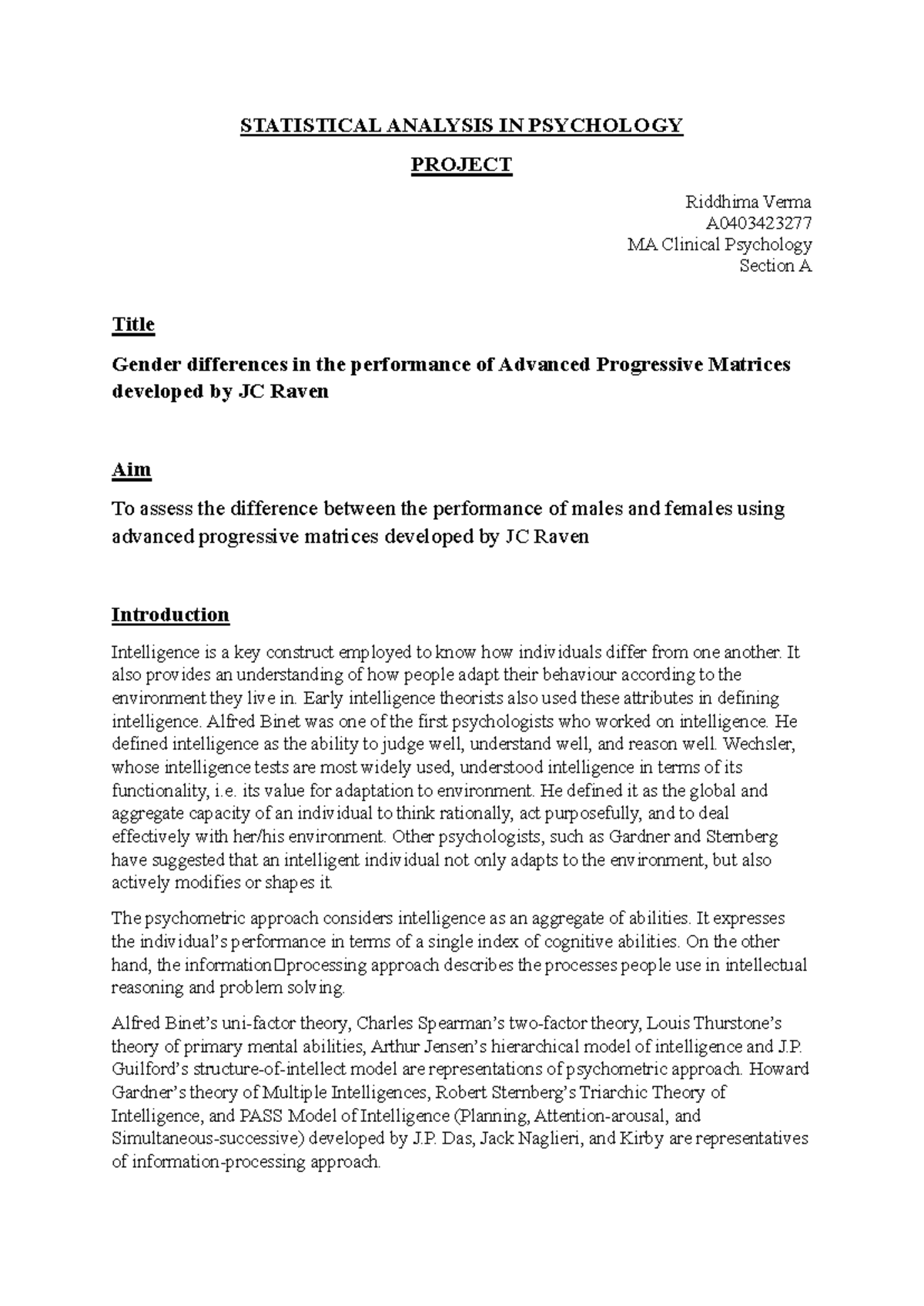 Statistics project - STATISTICAL ANALYSIS IN PSYCHOLOGY PROJECT ...