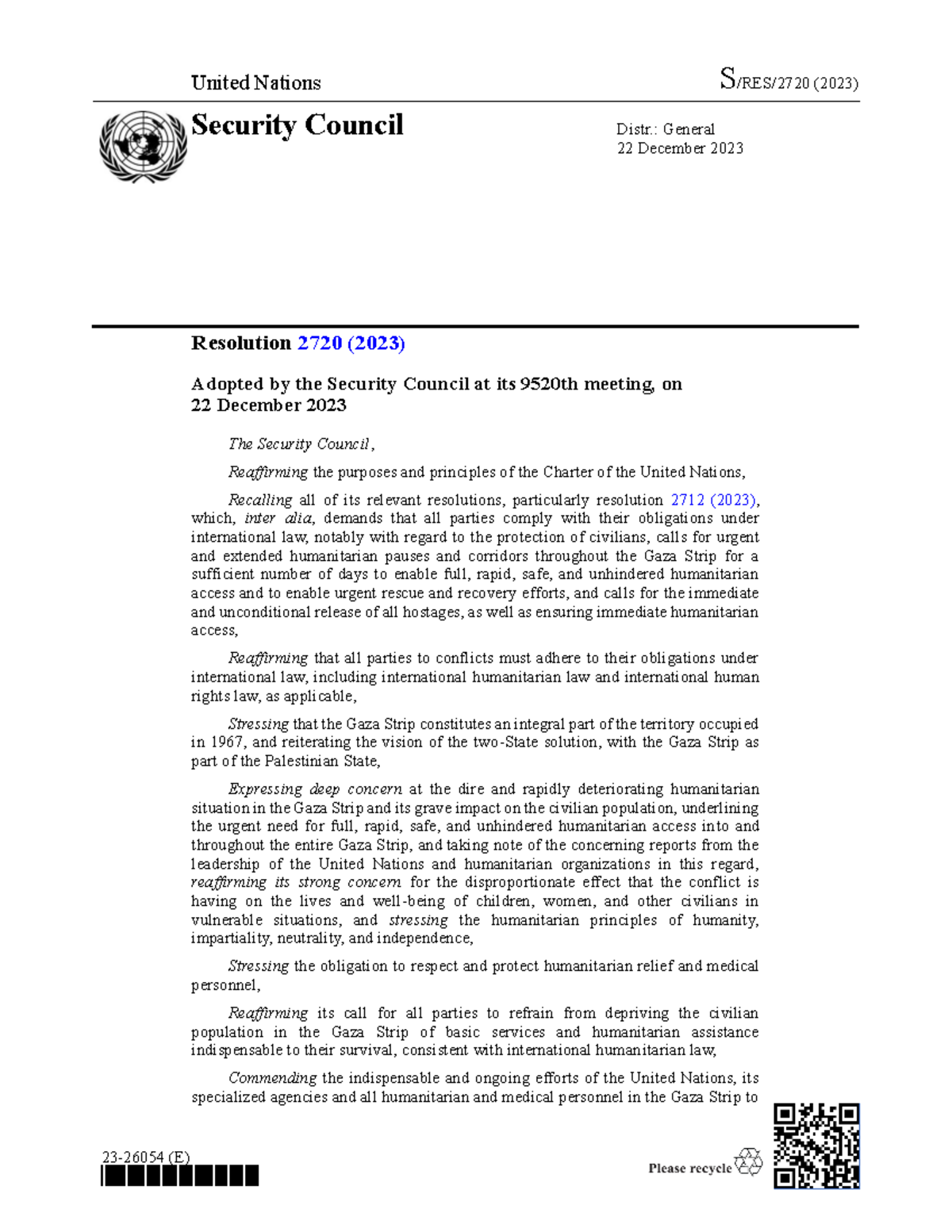 22ND December 2023 UN Resolution - United Nations S/RES/2720 (2023 ...