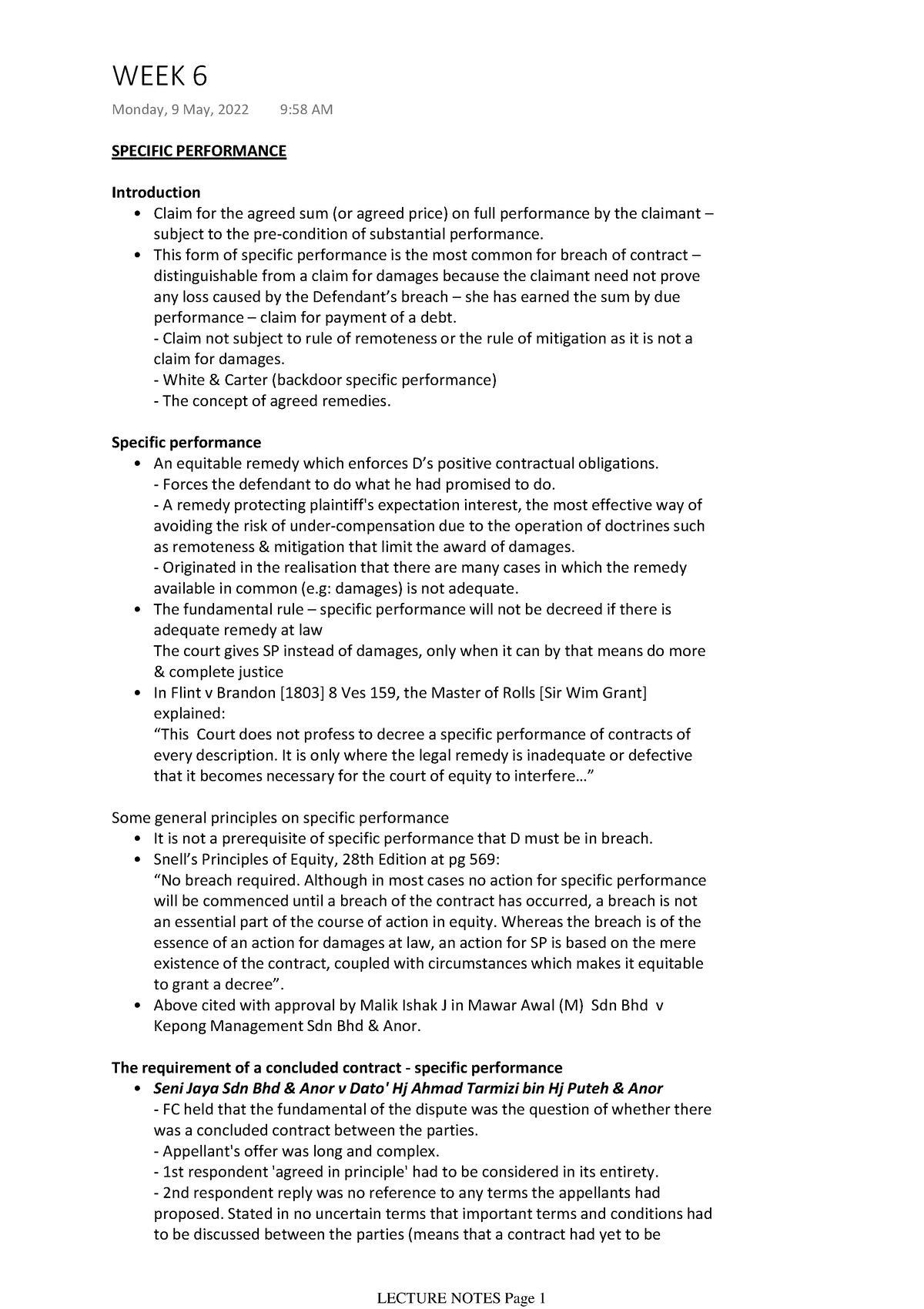 WEEK 6 Remedies Lecture Notes - SPECIFIC PERFORMANCE Introduction Claim ...