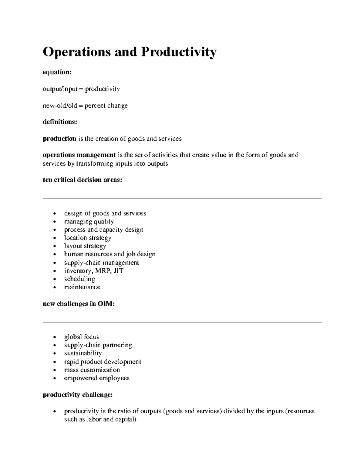 OIM 301 Exam 1 Notes Operations and Productivity equation output