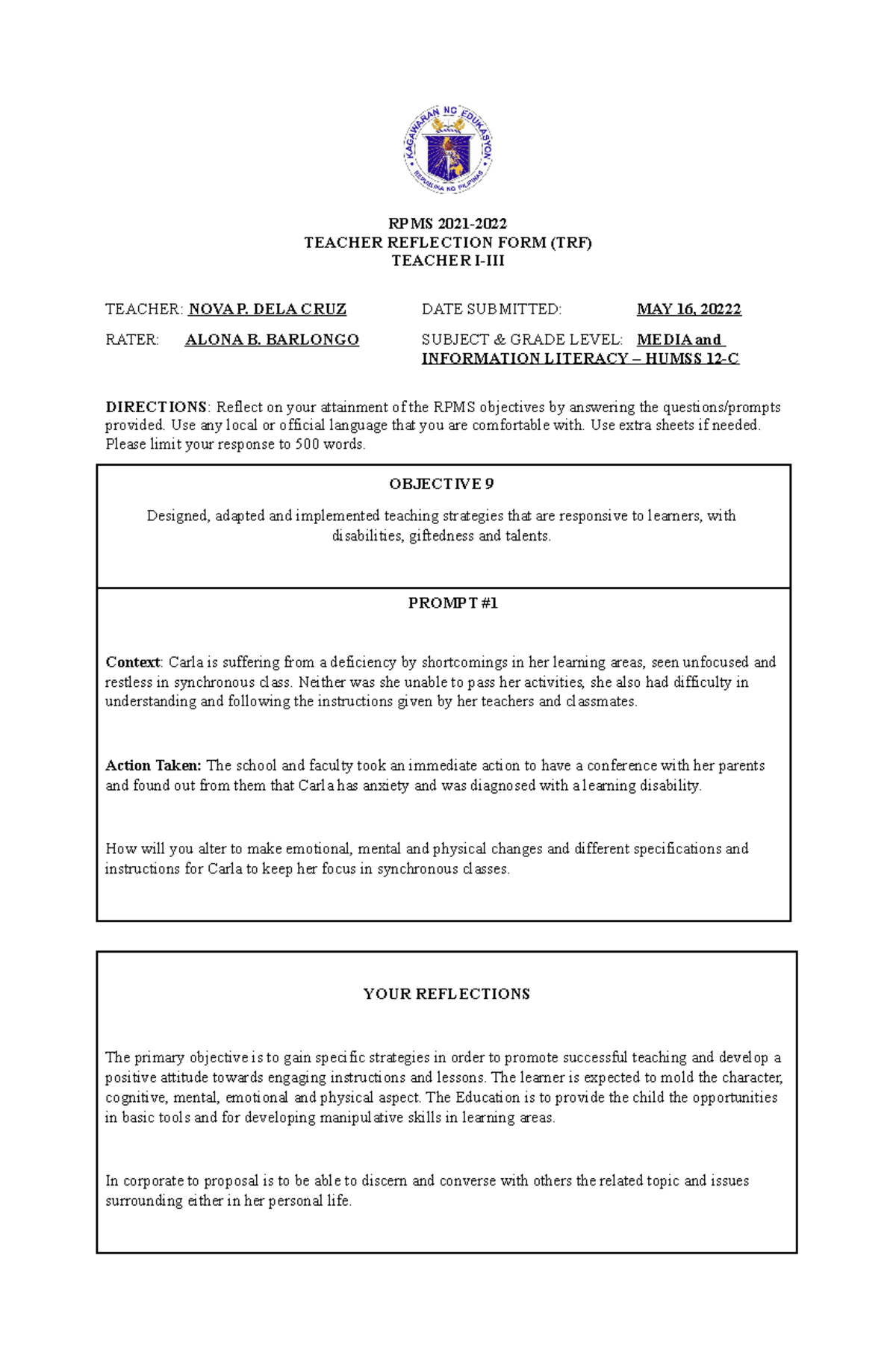 TRF-9-10 - none - RPMS 2021- TEACHER REFLECTION FORM (TRF) TEACHER I ...