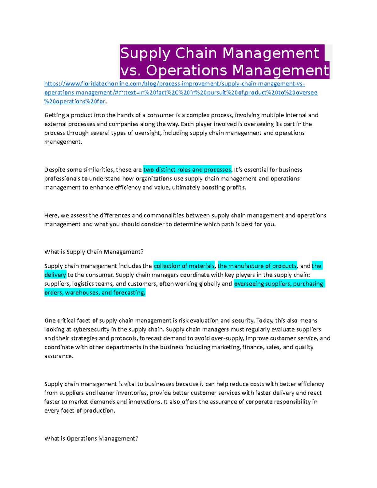 Supply chain vs operations management Supply Chain Management vs