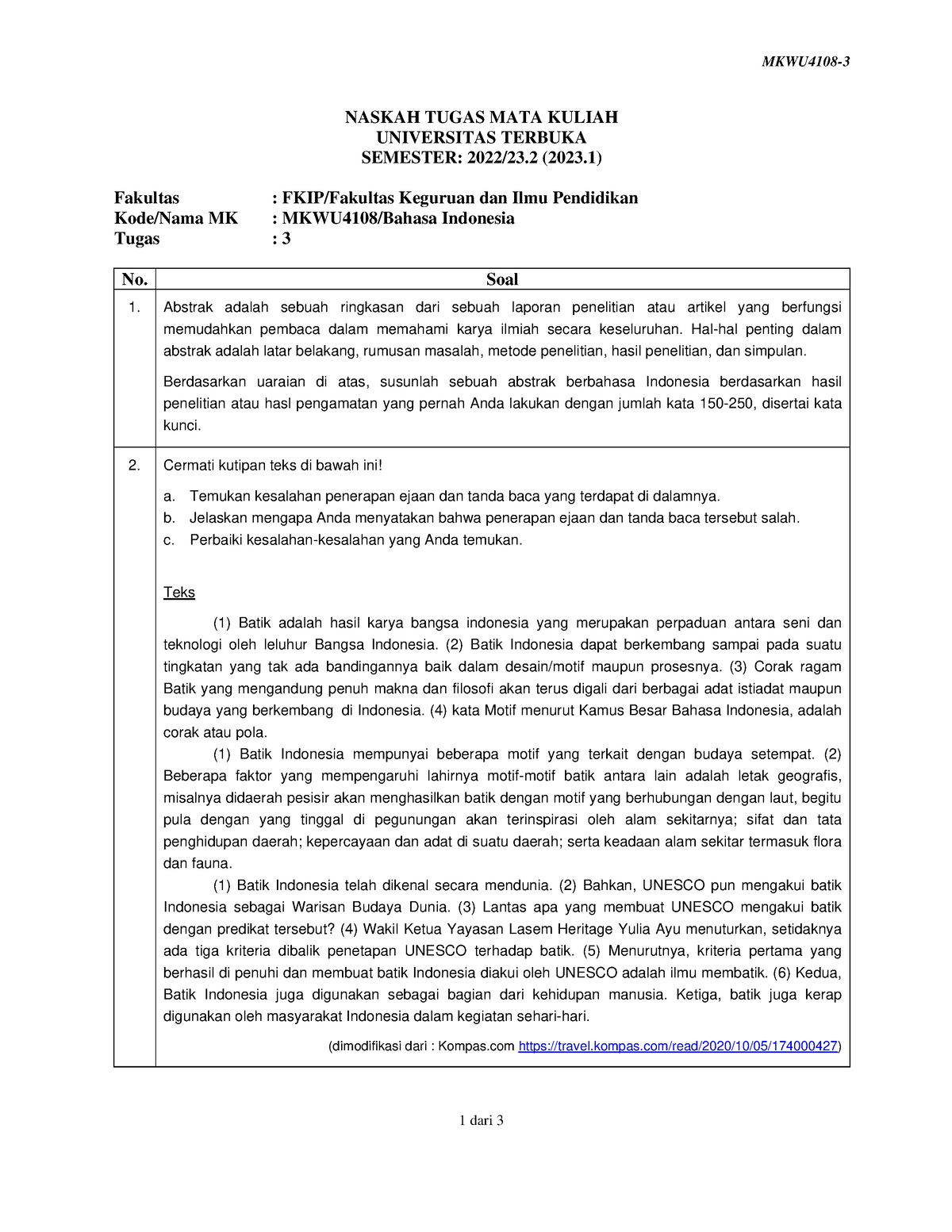 Soal Mkwu4108 Tmk3 3 - MKWU4108- 1 Dari 3 NASKAH TUGAS MATA KULIAH ...