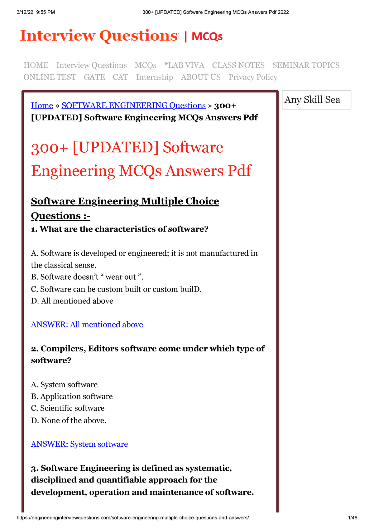 Software Engineering MCQs Answers Pdf 2022 - Computer Science - Studocu