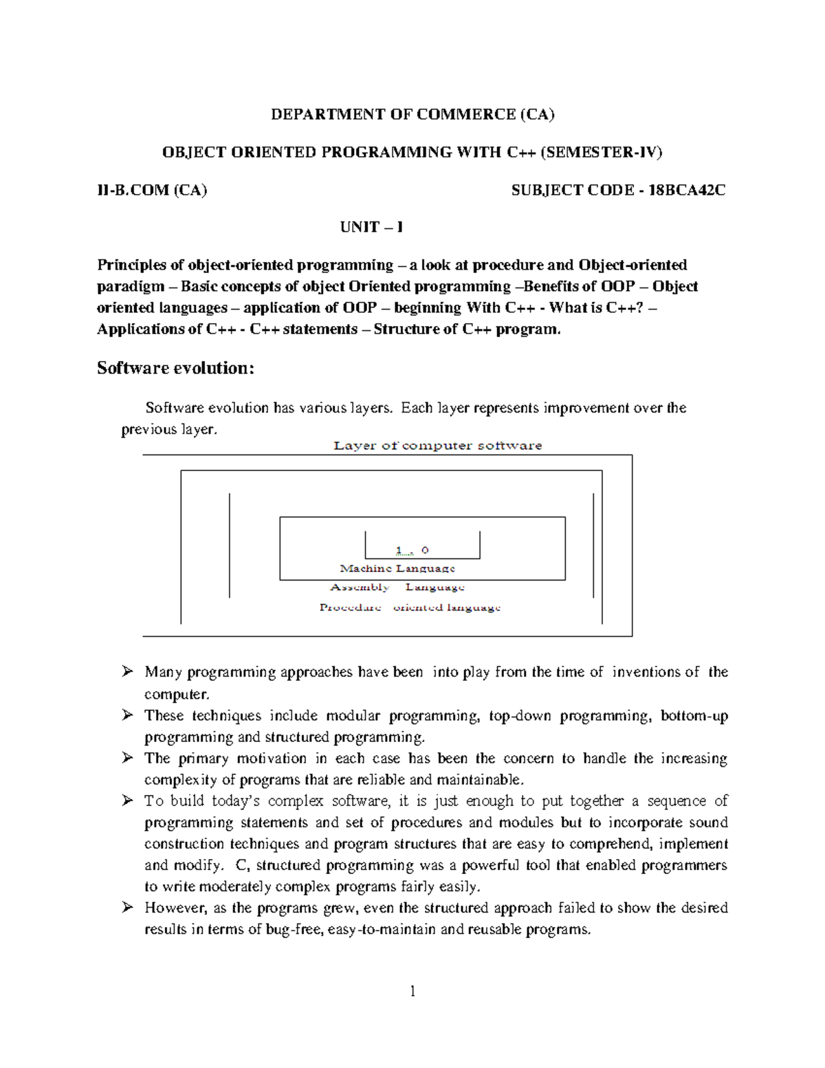 18BCA42CU1 It's lecture notes DEPARTMENT OF COMMERCE (CA) OBJECT