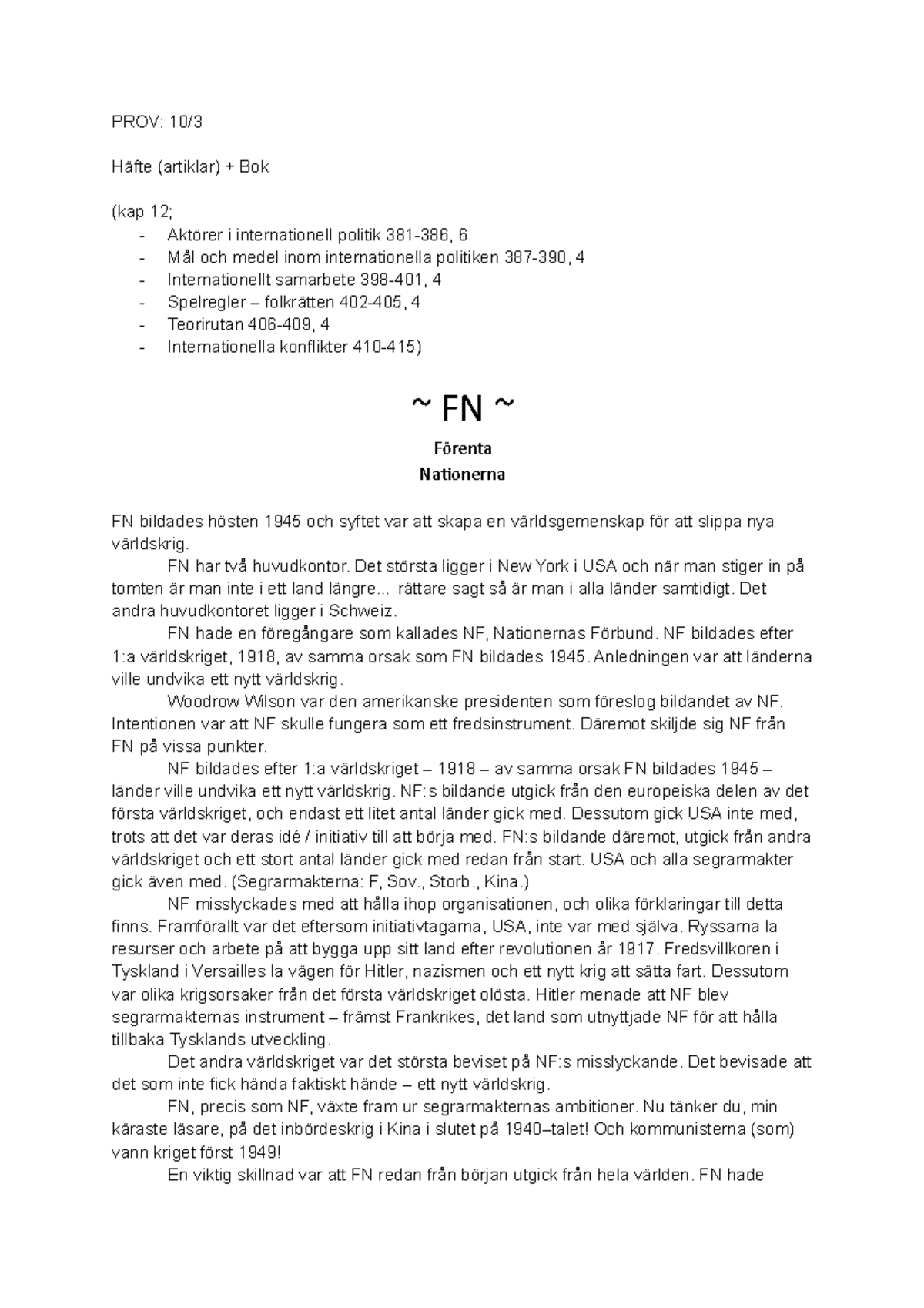 IR (Internationella Relationer) FN PROV 10 3 - PROV: 10/ Häfte ...