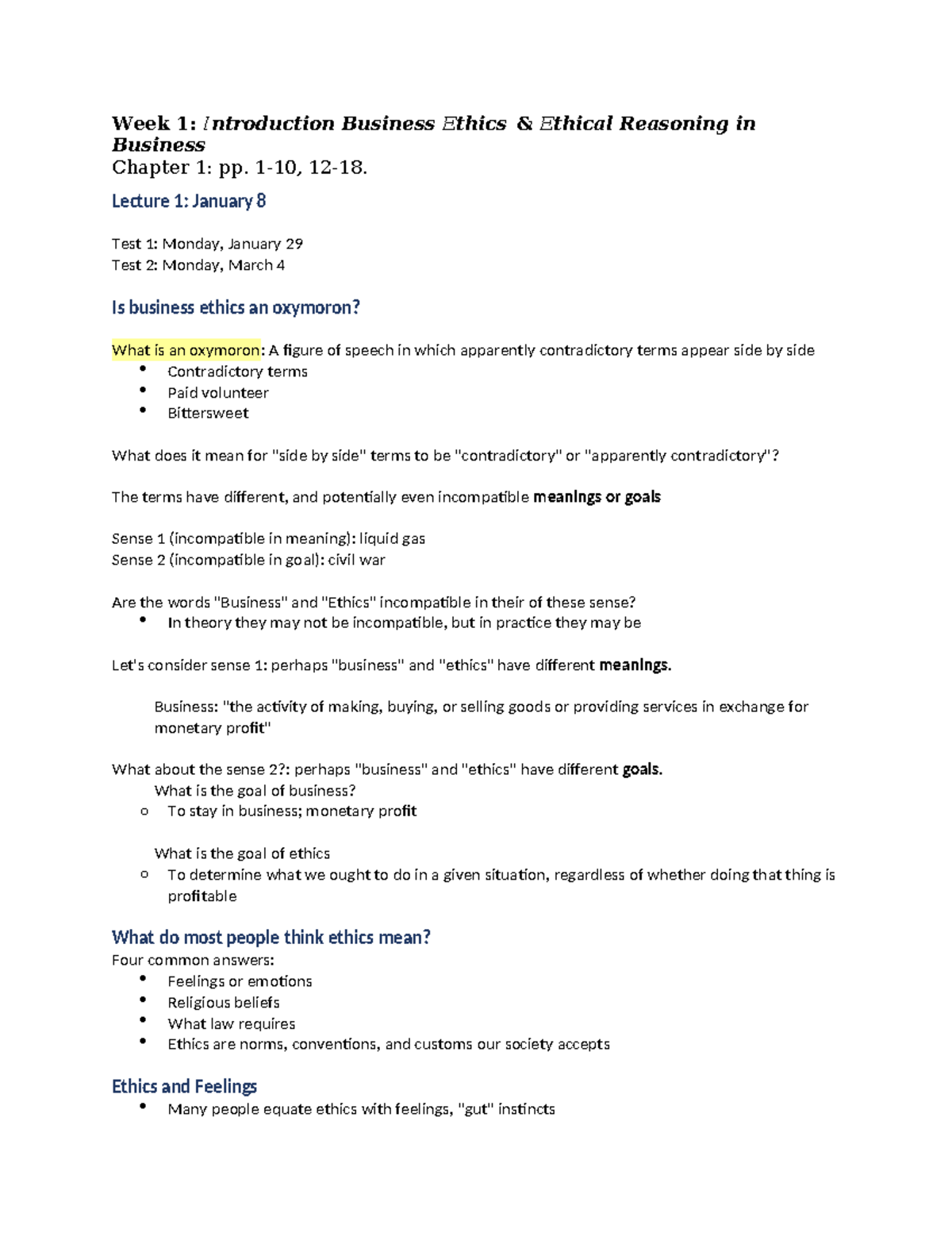 Philo 2074 Wk1 Lecture Notes - Week 1: Introduction Business Ethics ...
