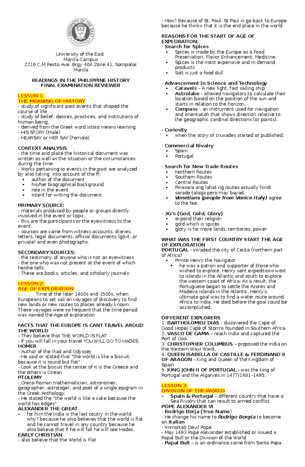 ZGE 1106 Final Reviewer - University of the East Manila Campus 2219 C ...