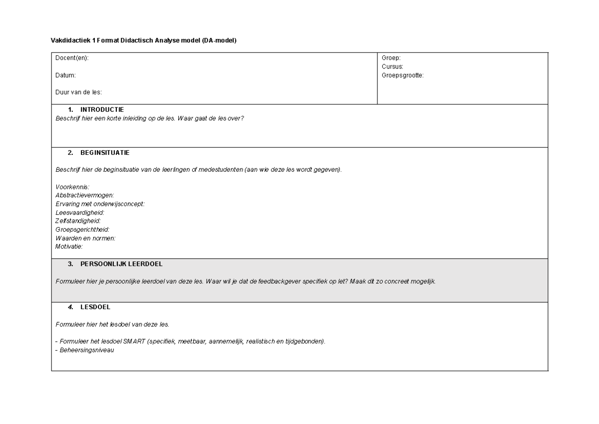 Vakdactiek 1 Format Didactisch Analyse model 2022-1-2 - Vakdidactiek 1 ...