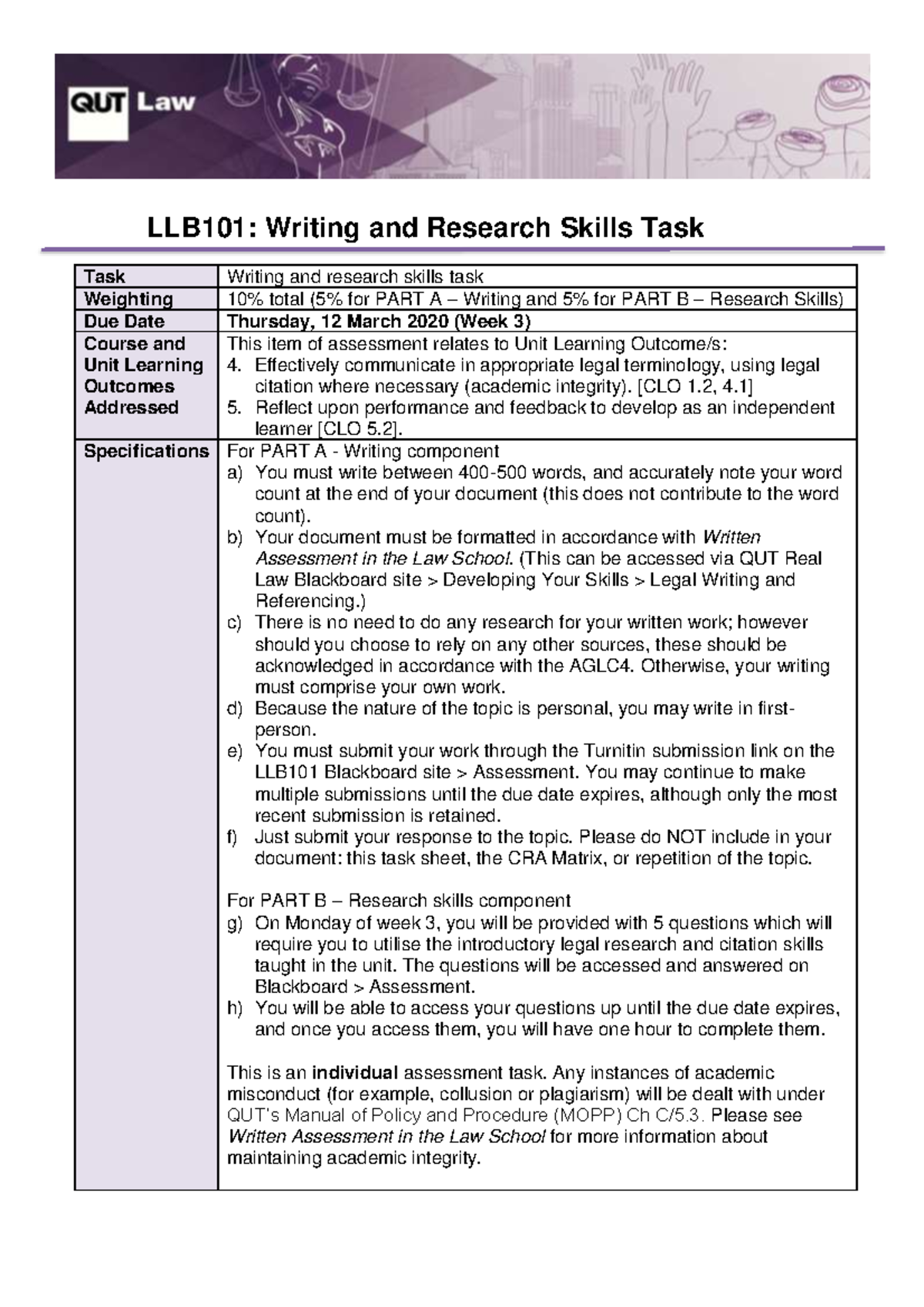 Task Sheet Writing Task - LLB101: Writing and Research Skills Task Task ...