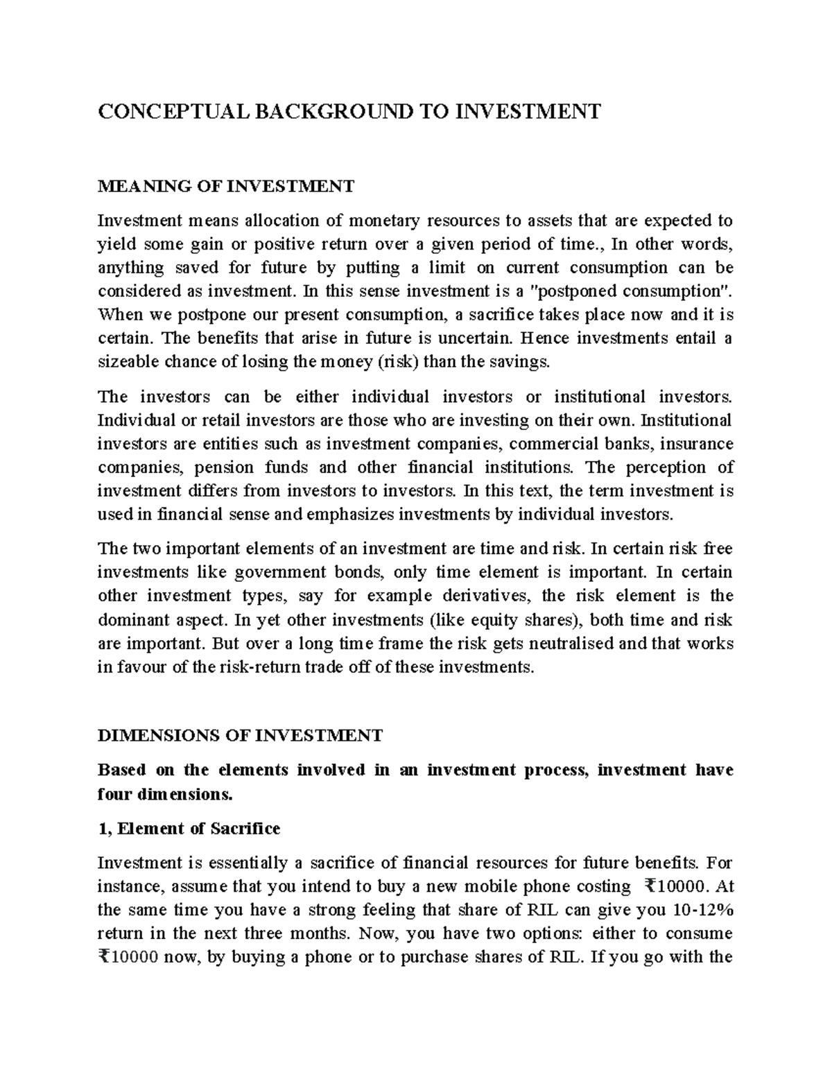 Conceptual Background to Investment CONCEPTUAL BACKGROUND TO