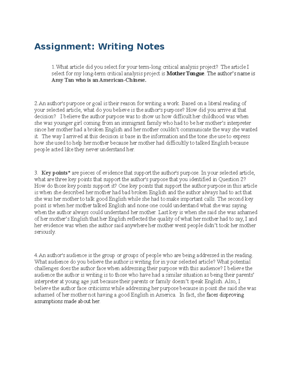 English Discussion 1 Paper - Assignment: Writing Notes 1 Article Did ...