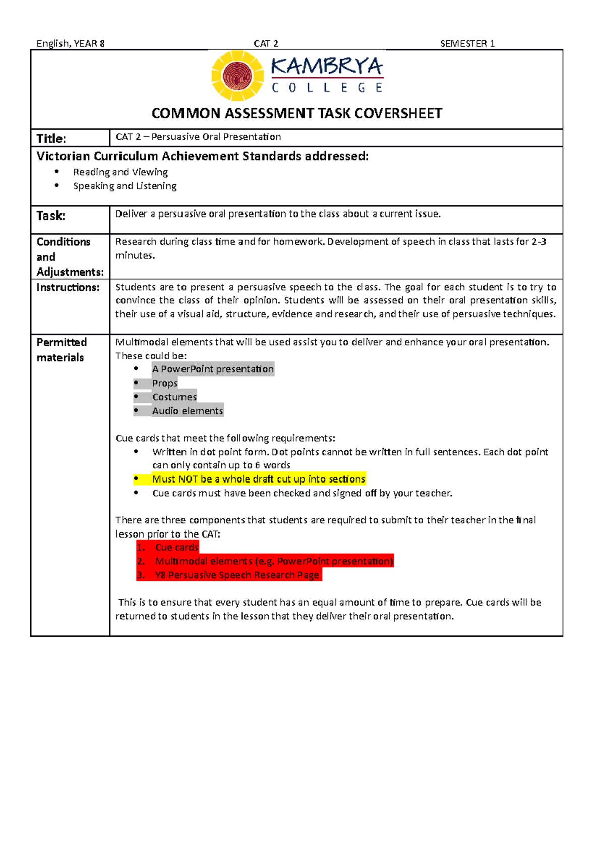 Yr 8 English Term 2 APA Persuasive Oral CAT Cover Sheet - COMMON ...