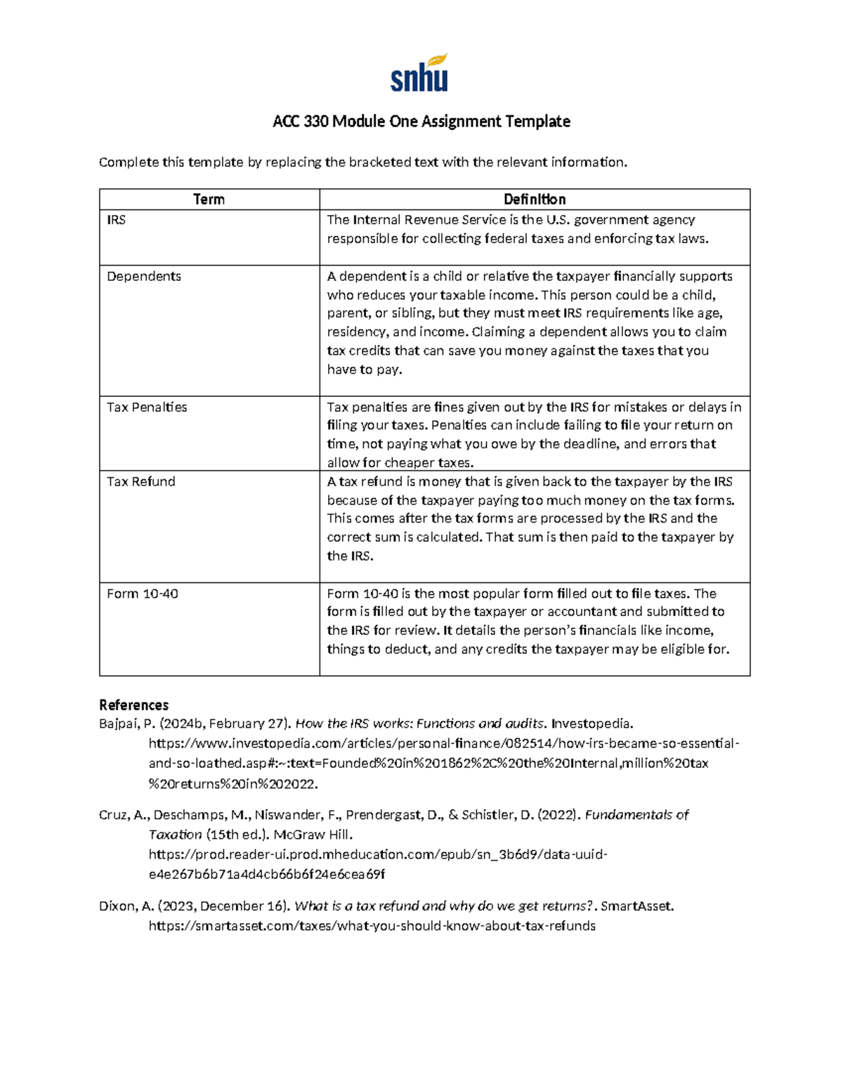 ACC 330 Module One Assignment Template - ACC 330 Module One Assignment ...