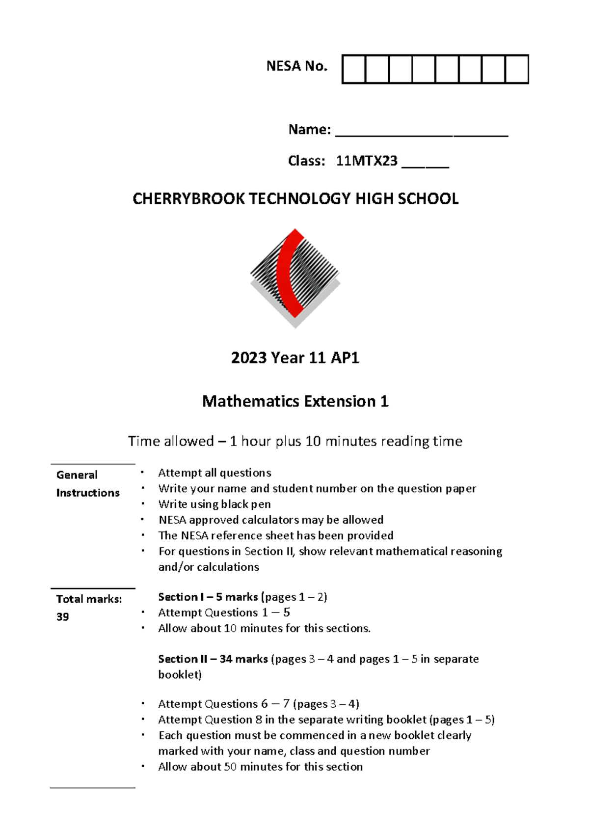 AP1 Year 11 Ext1 Paper 2023 - Name: ______________________ Class ...