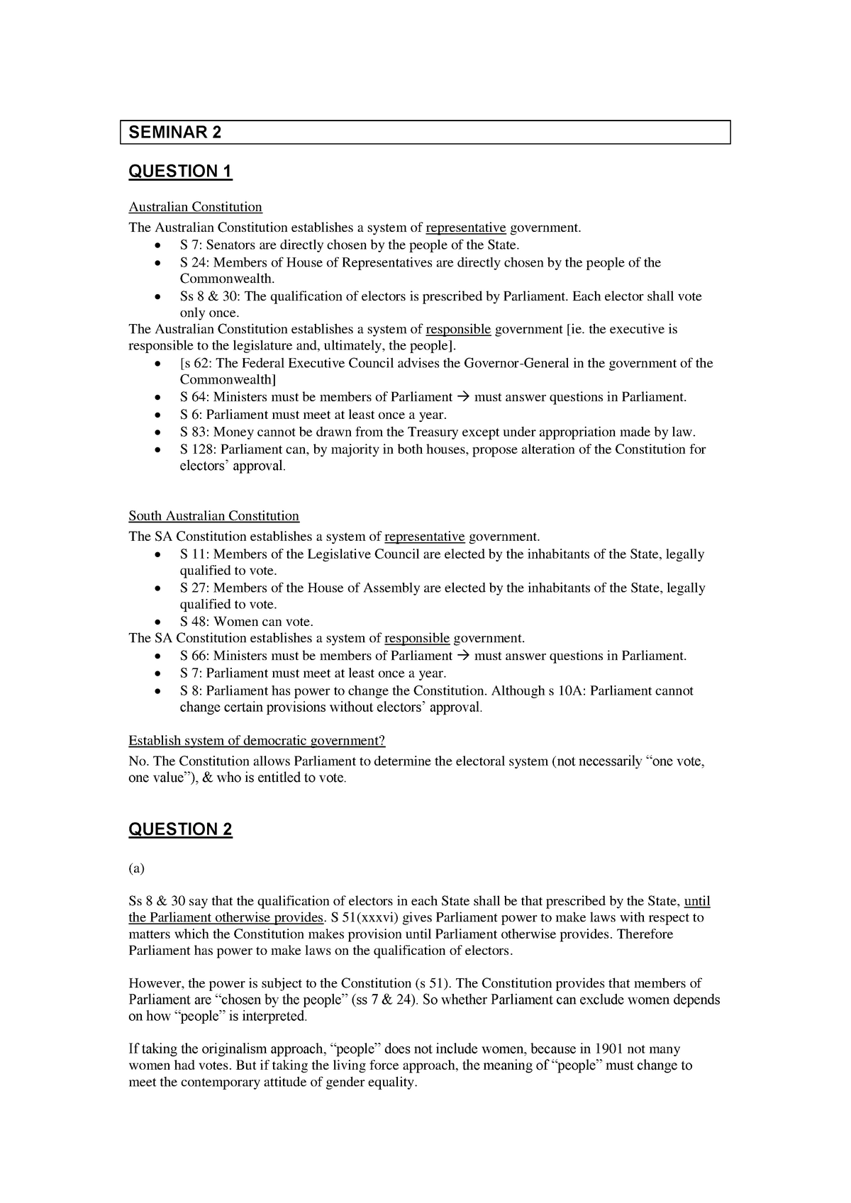 Practical Questions - constitutional law - SEMINAR 2 QUESTION 1 ...