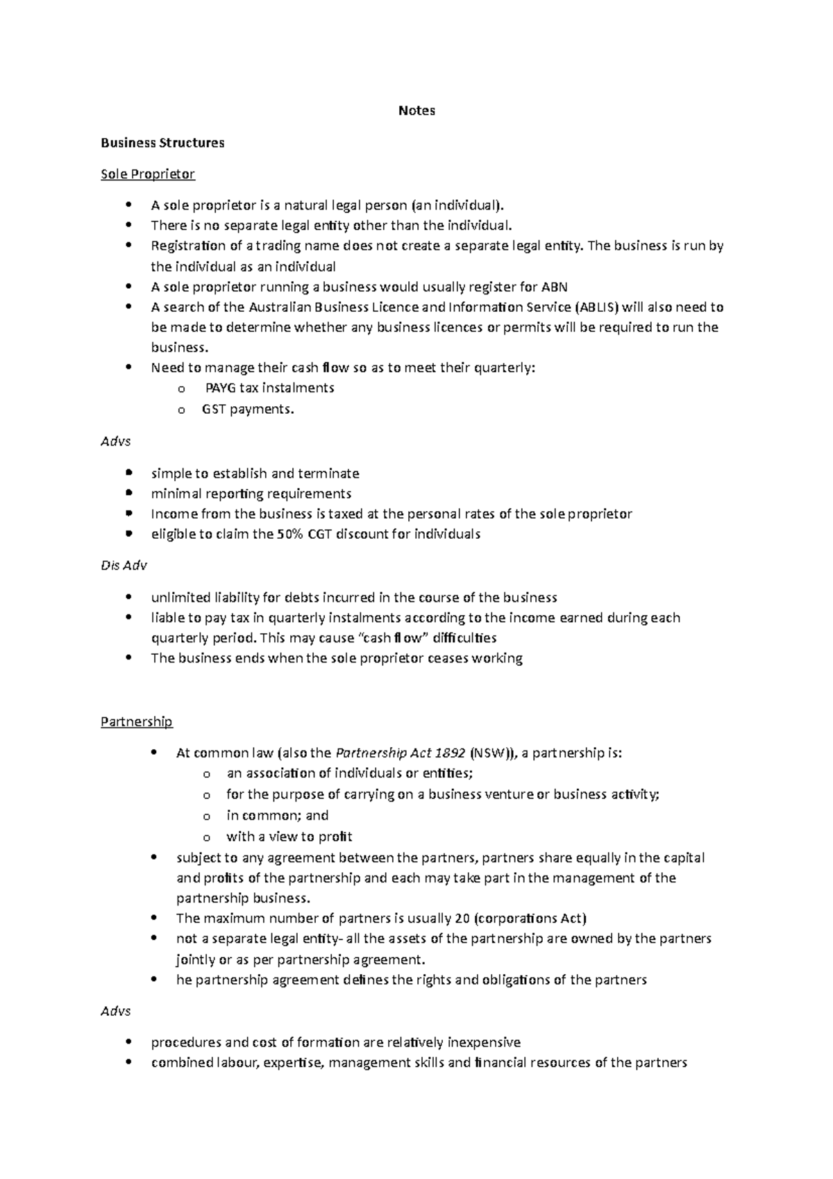 Corporate Law Notes - Notes Business Structures Sole Proprietor A sole ...