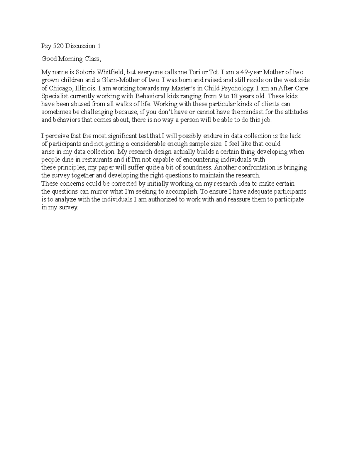 Psy 520 Module 1 Discussion Psy 520 Discussion 1 Good Morning Class