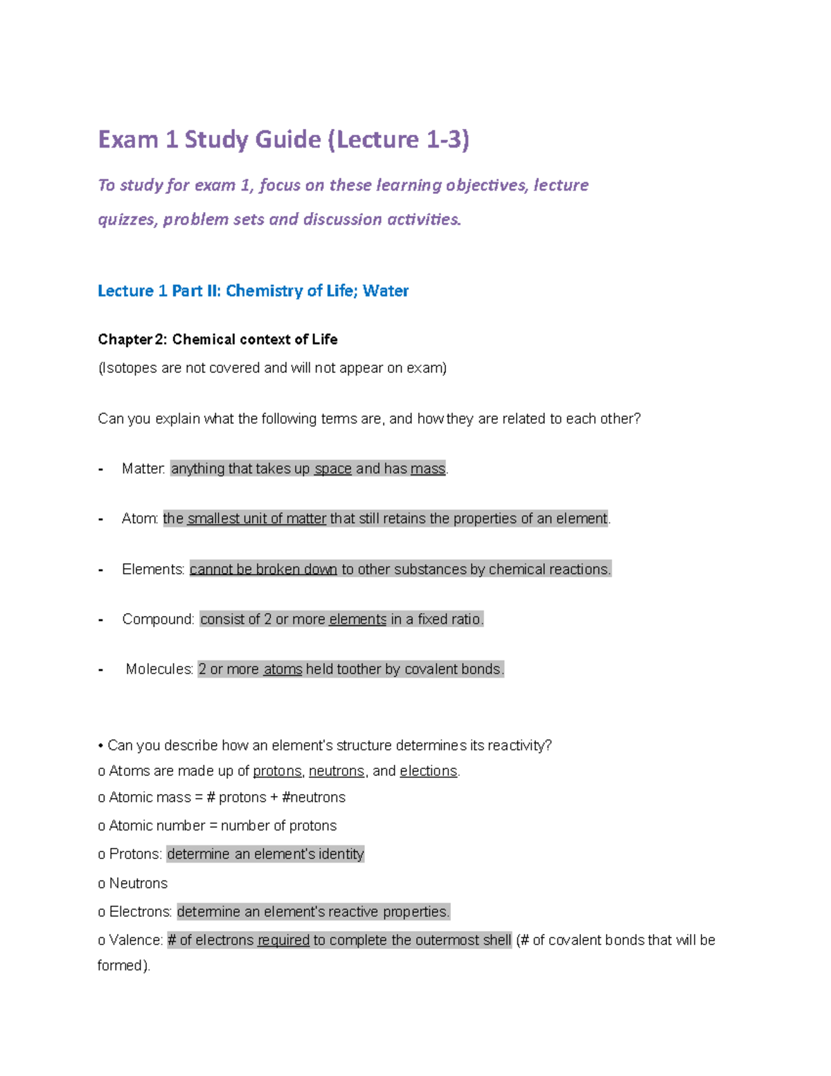 BILD1 Exam1 Study Guide - Exam 1 Study Guide (Lecture 1-3) To study for ...