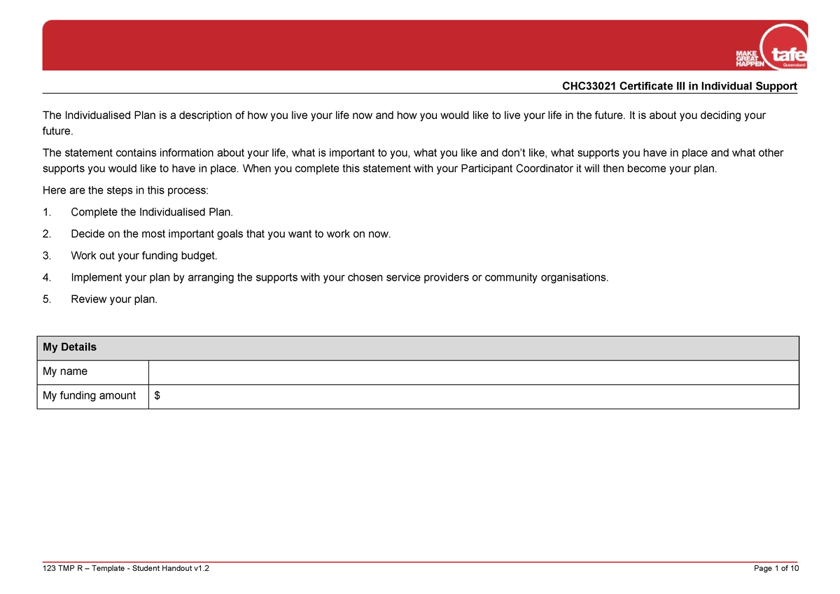 CHC33021 Individualised Plan SH TQM V1 - Individualised Plan CHC33021 ...