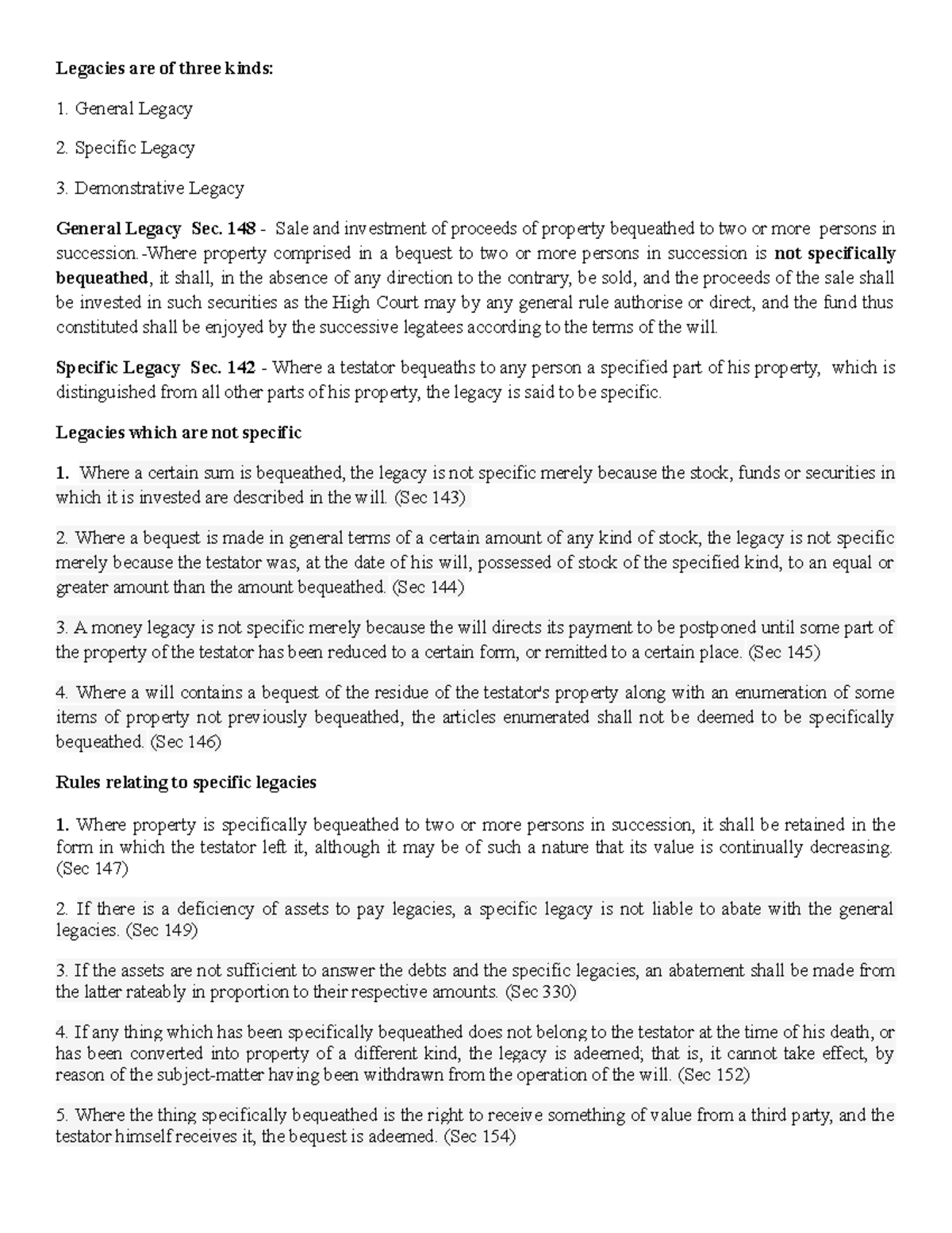 Kinds of legacy TOPIC NOTES Legacies are of three kinds General