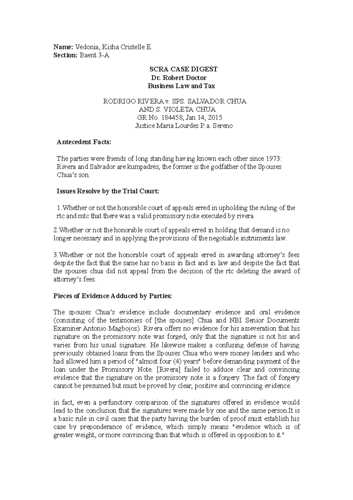 Vedonia Case study RODRIGO RIVERA, Petitioner, vs. SPOUSES SALVADOR ...