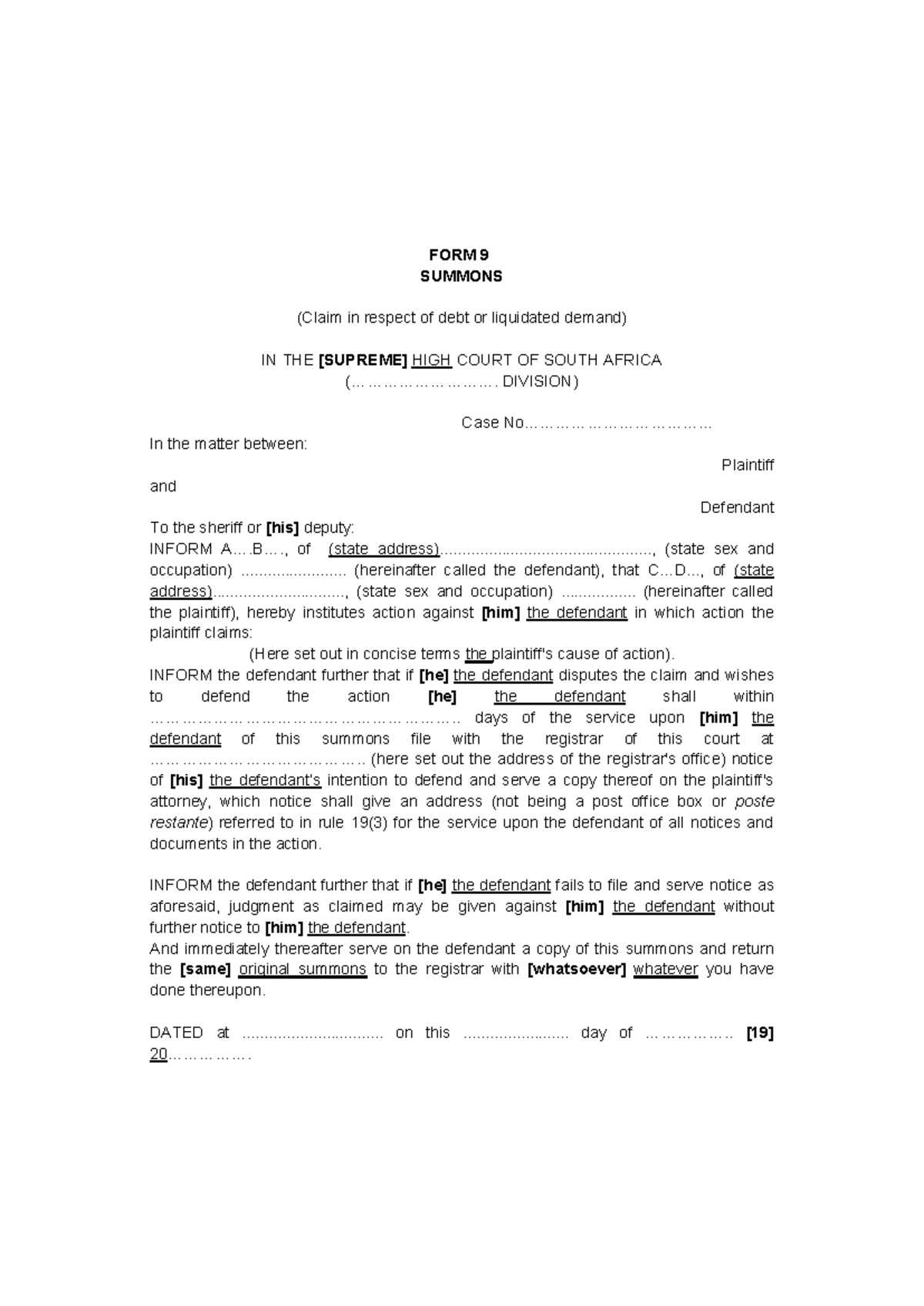 Uniform Rules Form 9 Documents Substitution of Form 9 of the Rules Form 9 of the First