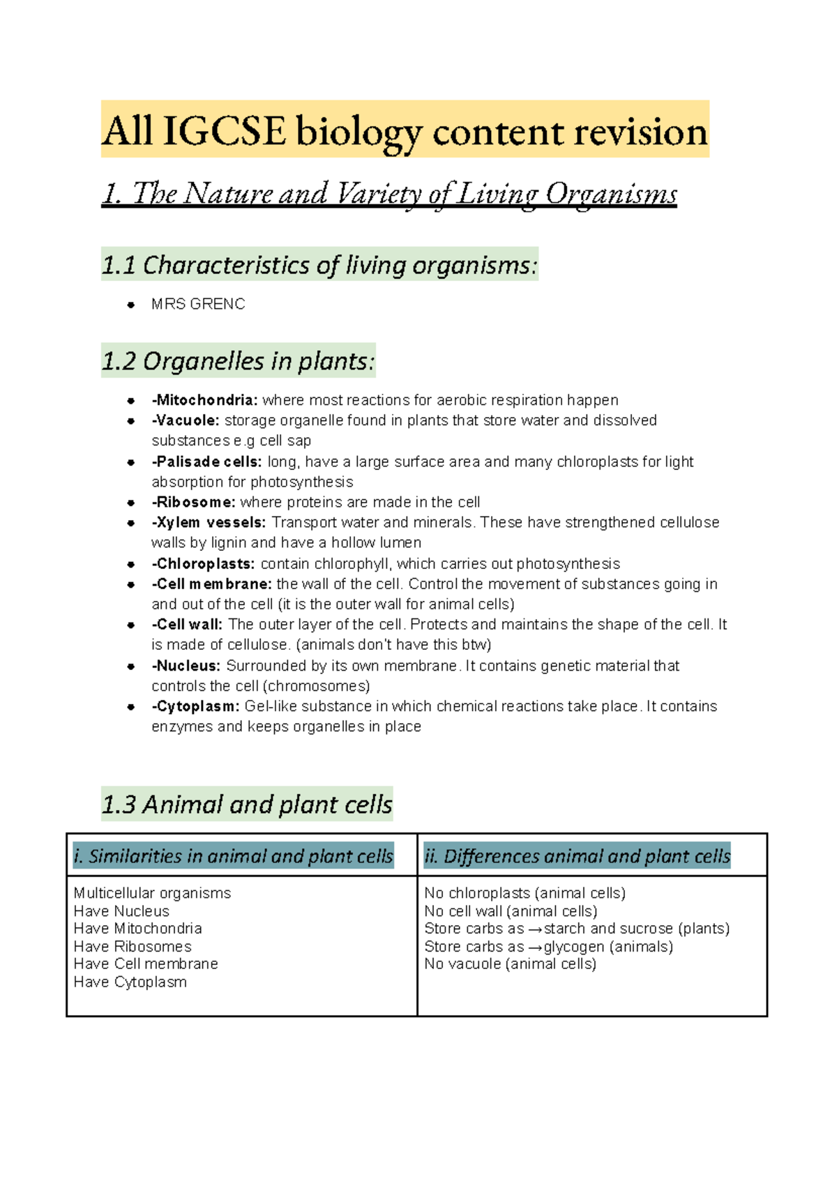 Biology y11 - All IGCSE biology content revision 1. The Nature and ...