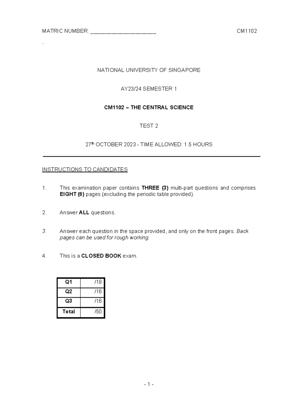 CM1102 AY2324 Sem1 Test 2 - ` NATIONAL UNIVERSITY OF SINGAPORE AY23/24 ...