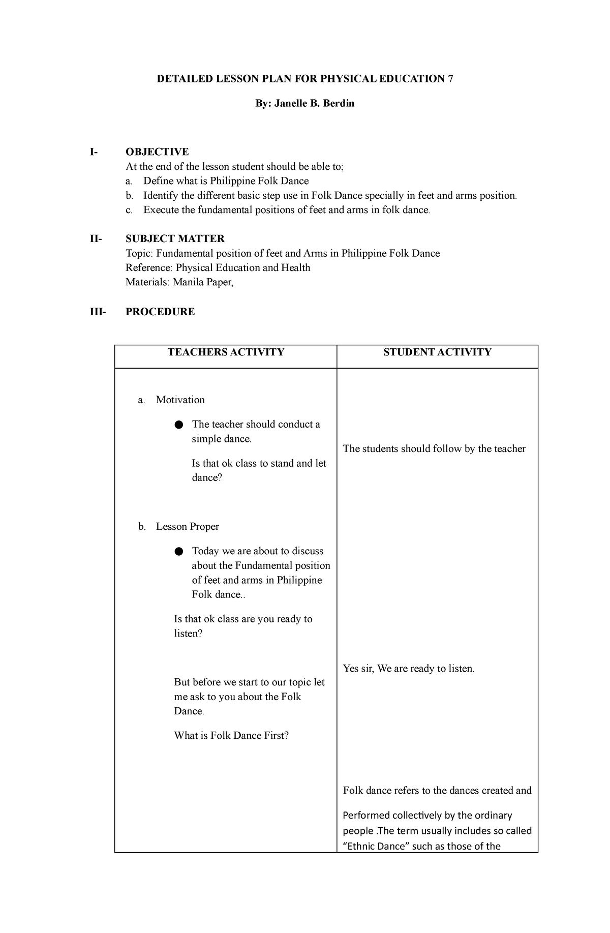 PE 7 - Folk Dance - Simple discussion - DETAILED LESSON PLAN FOR ...