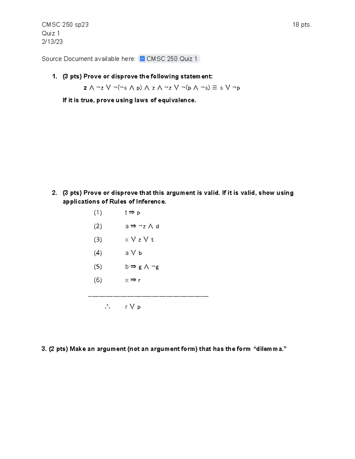 CMSC 250 Quiz 1 - CMSC 250 Sp23 18 Pts. Quiz 1 2/13/ Source Document ...