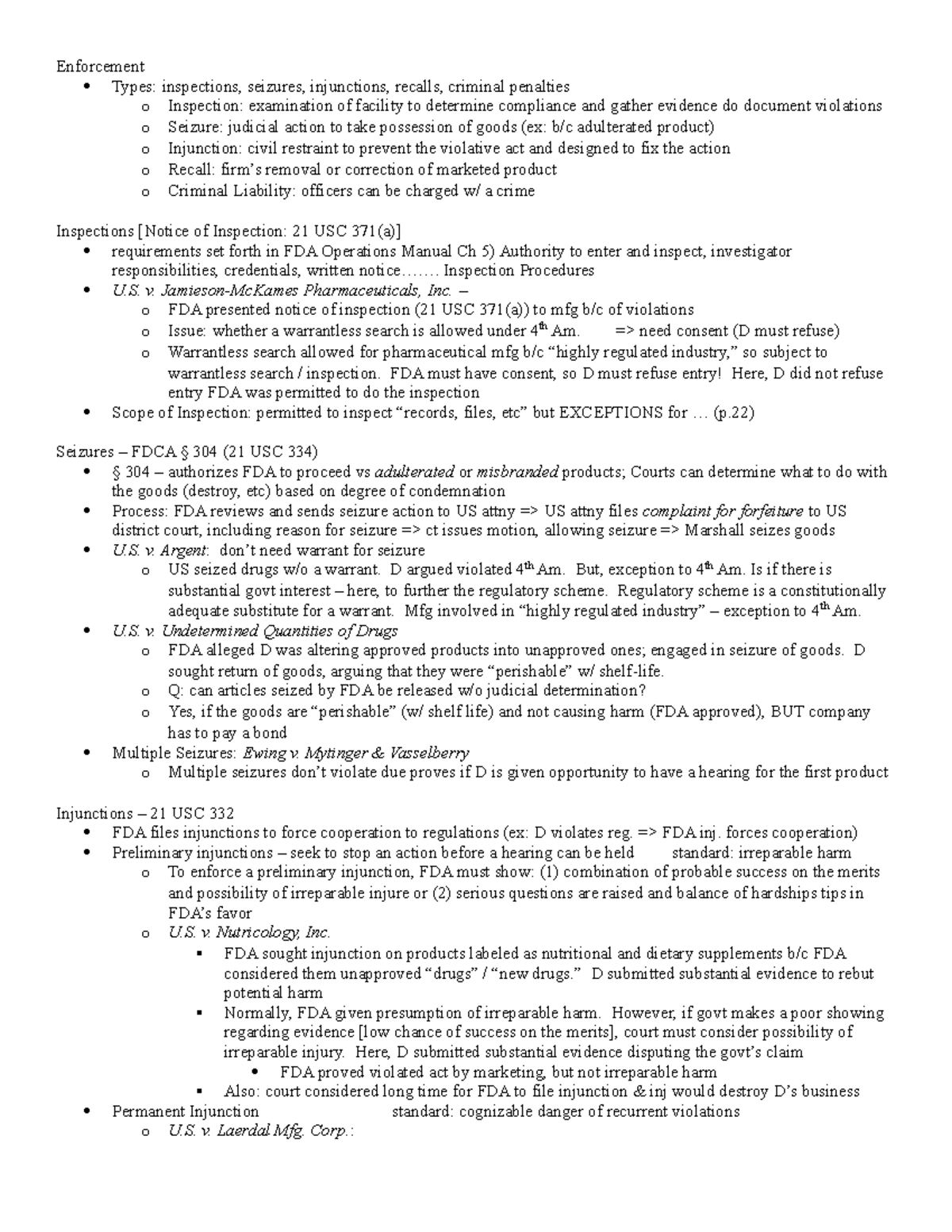 FDA Law - Attack Outline - Enforcement Types: inspections, seizures ...