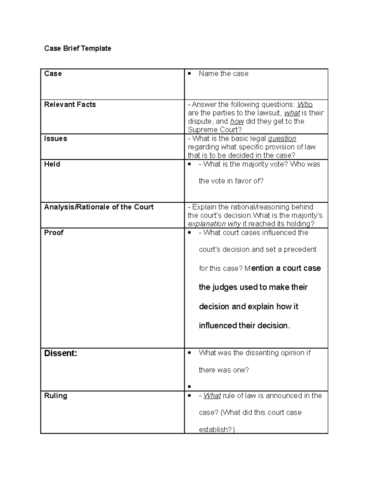 Case brief template - Case Brief Template Case Name the case Relevant ...