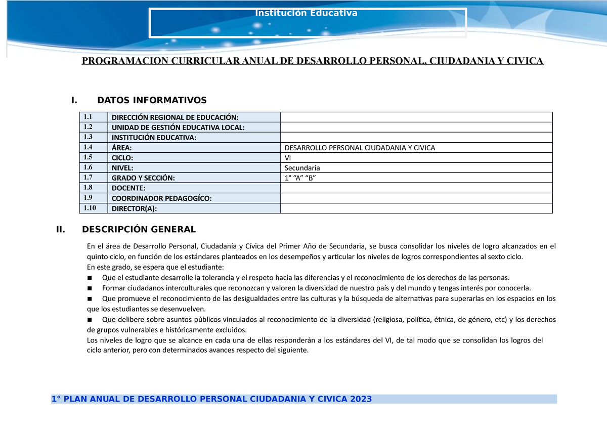 Programacion Anual DPCC 1° AÑO 2023 - I. DATOS INFORMATIVOS 1 DIRECCIÓN ...