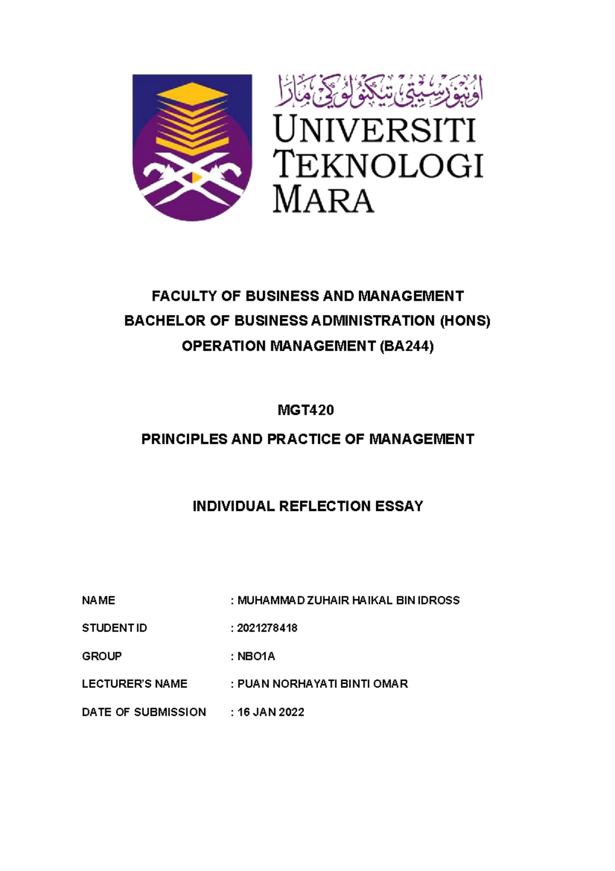 Individual Reflection Essay - FACULTY OF BUSINESS AND MANAGEMENT ...