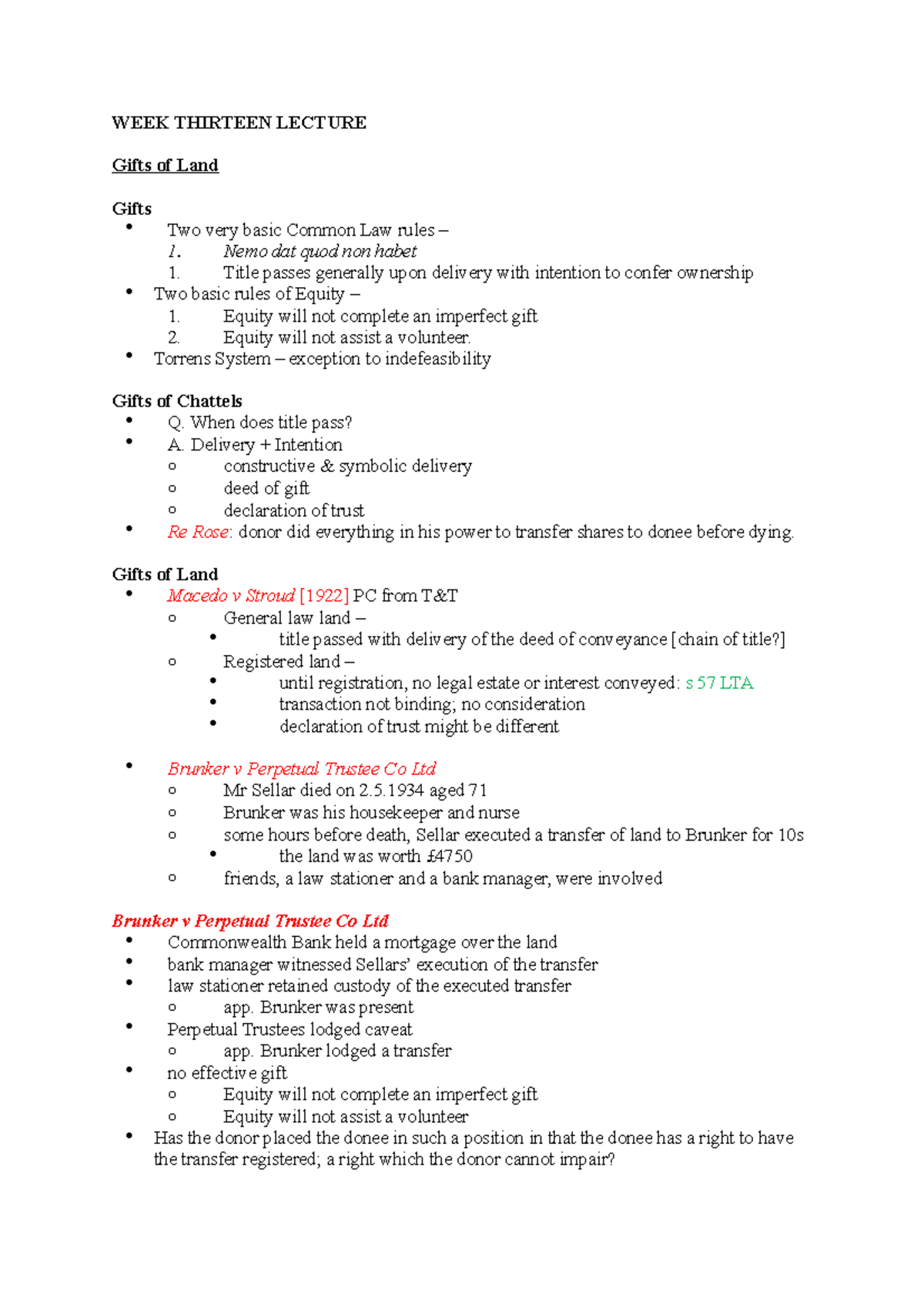Wk13 - Lecture notes 13 - WEEK THIRTEEN LECTURE Gifts of Land Gifts ...