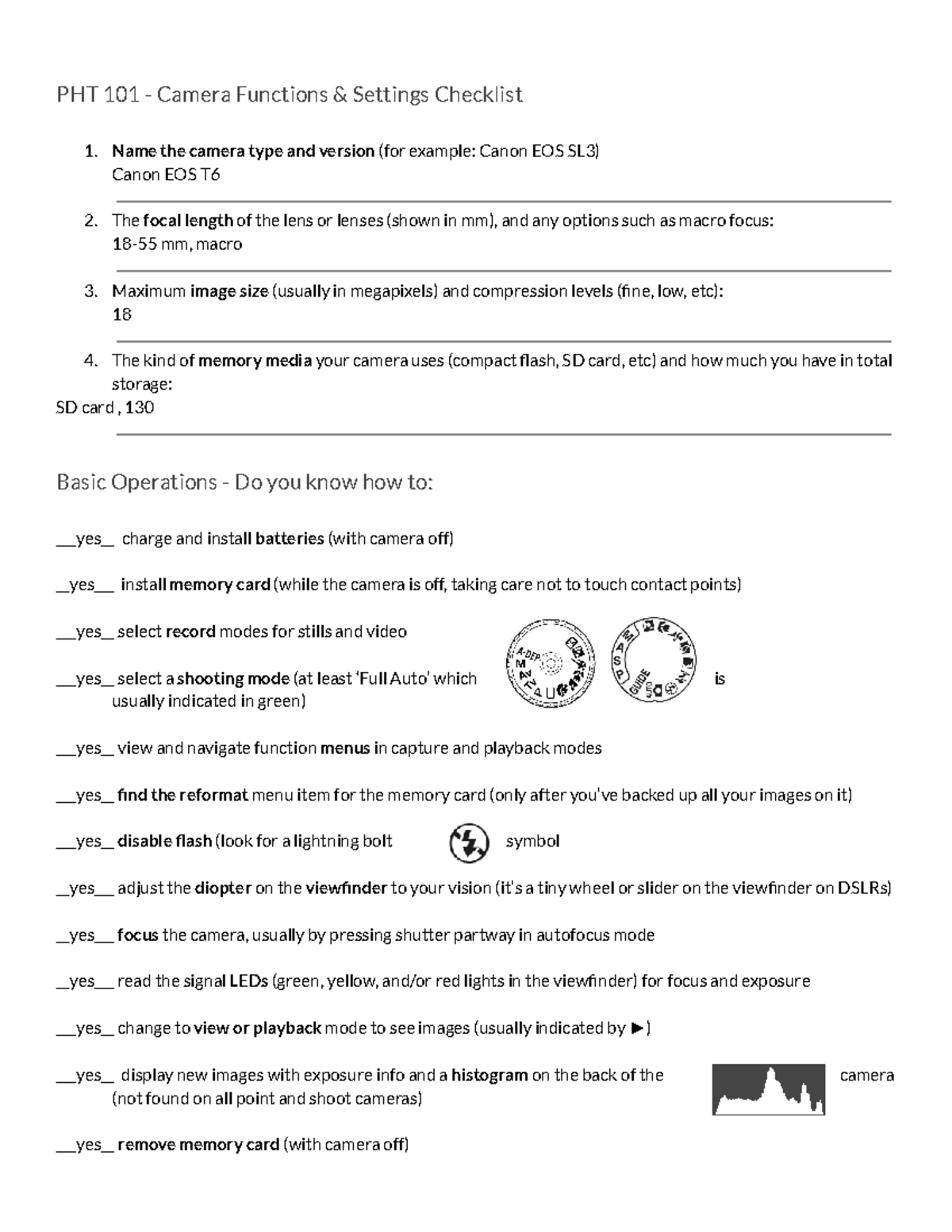 Copy of Camera Functions Checklist - PHT 101 - Camera Functions ...