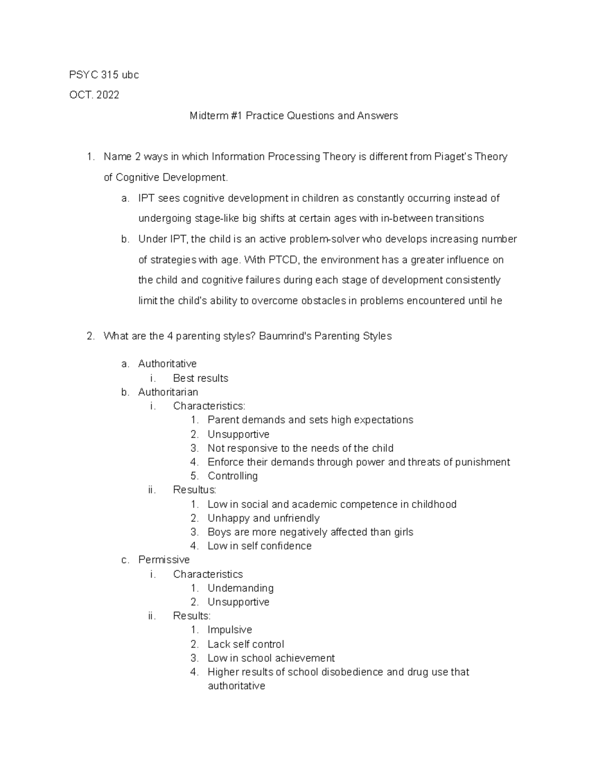 PSYC 315 midterm 1 notes - PSYC 315 ubc OCT. 2022 Midterm #1 Practice ...