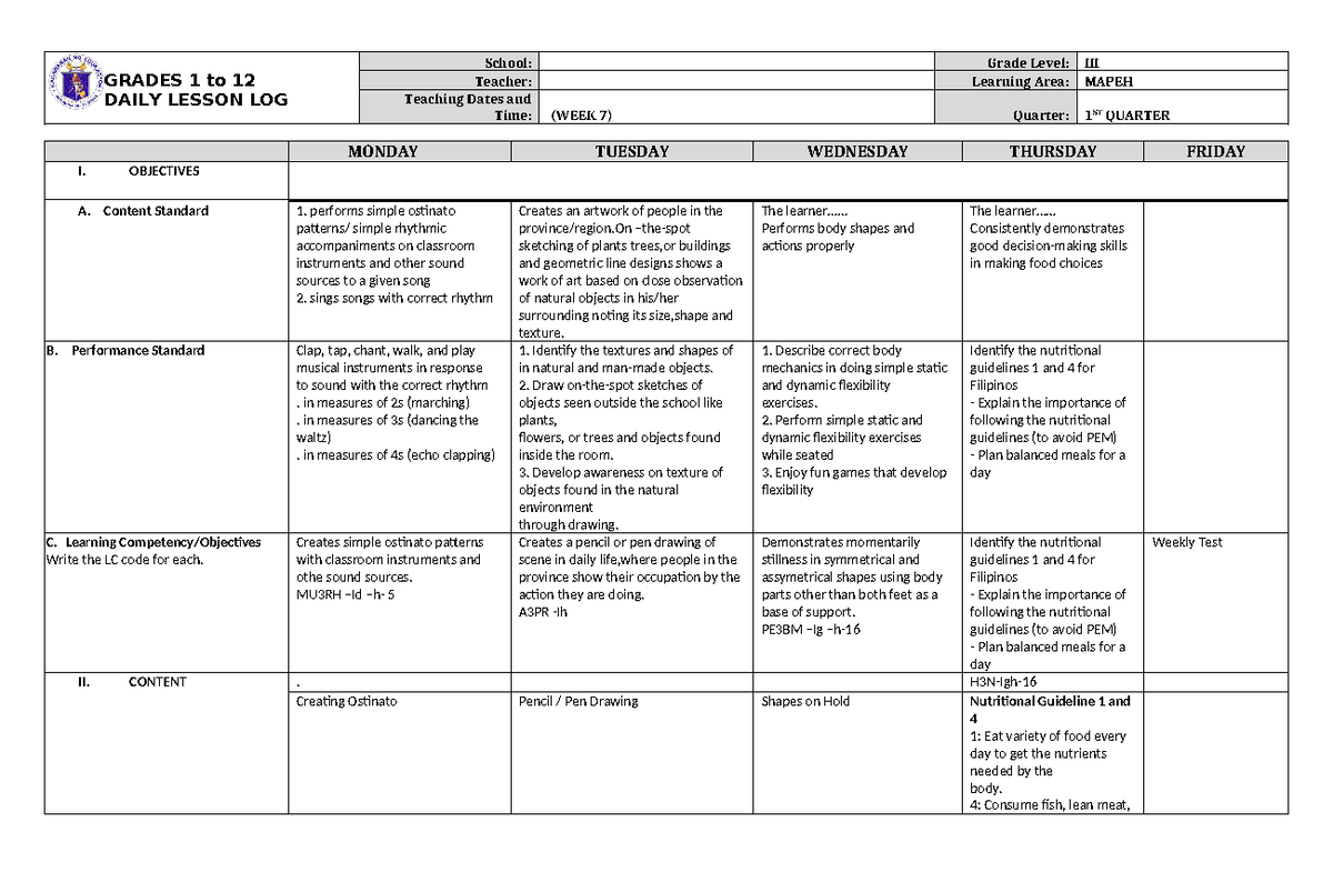 DLL Mapeh 3 Q1 W7 for grade 3 - GRADES 1 to 12 DAILY LESSON LOG School ...