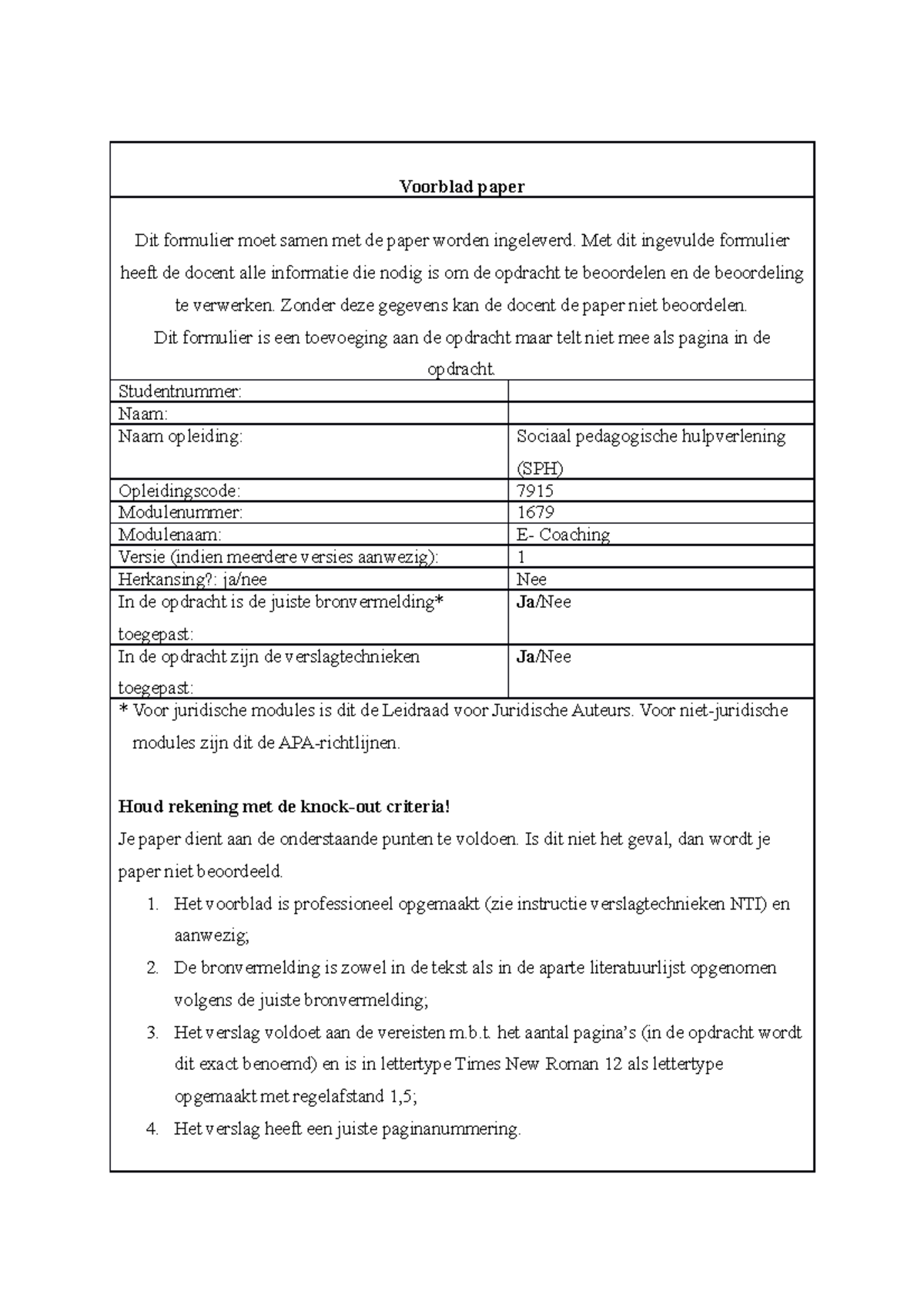 Paper E-coaching - Voorblad paper Dit formulier moet samen met de paper