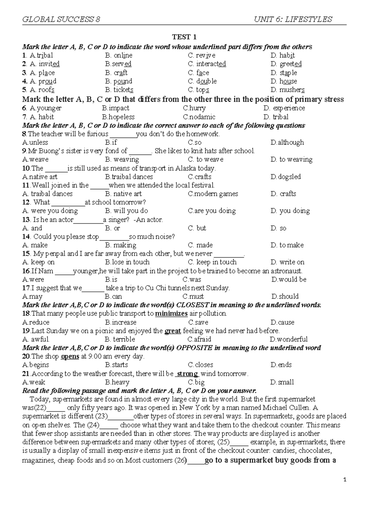 Bài tập bổ trợ anh 8 Global UNIT 6 - Practice TEST - TEST 1 Mark the ...