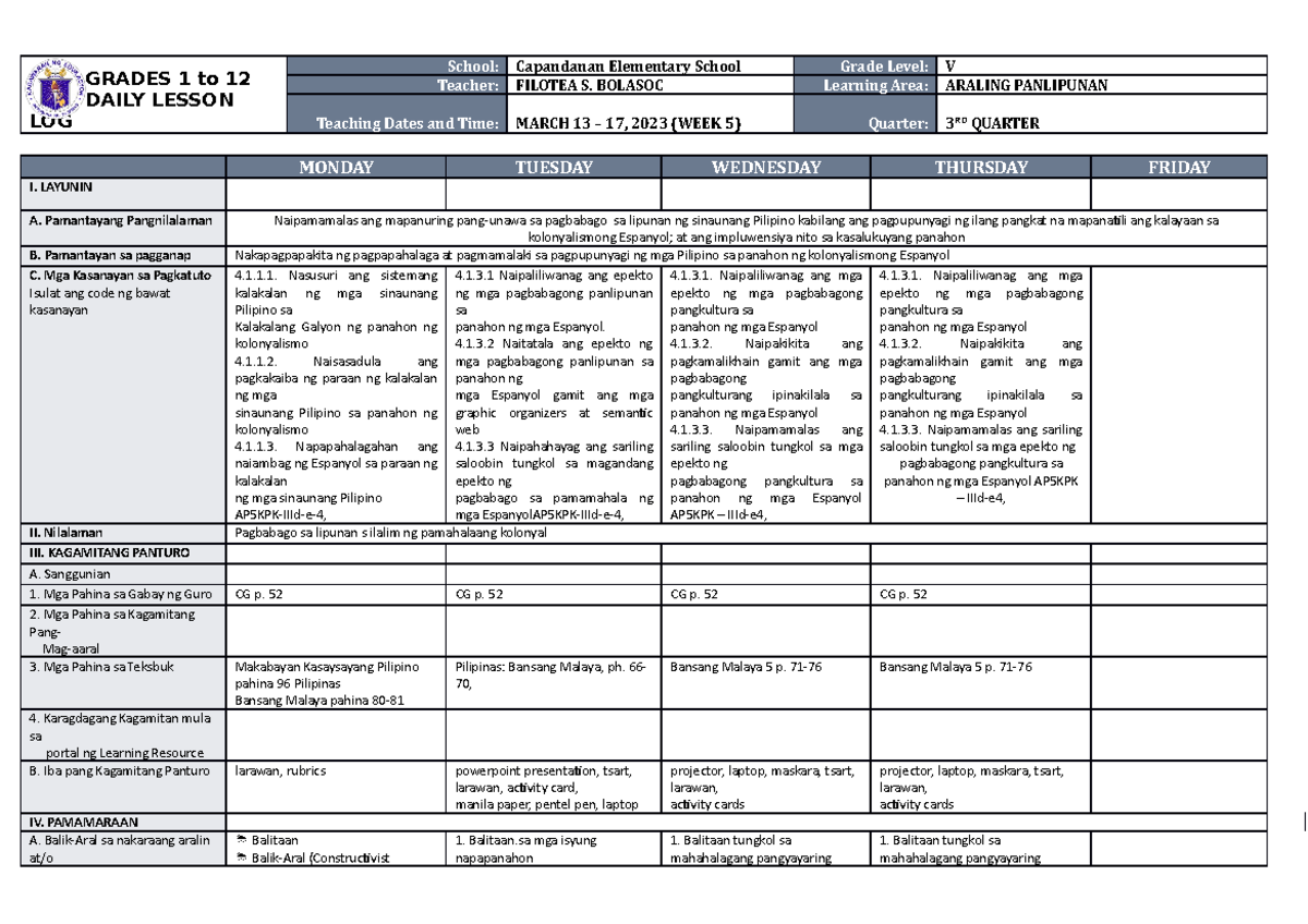 Dll Araling Panlipunan 5 Q3 W5 Grades 1 To 12 Daily Lesson Log School Capandanan Elementary 2793