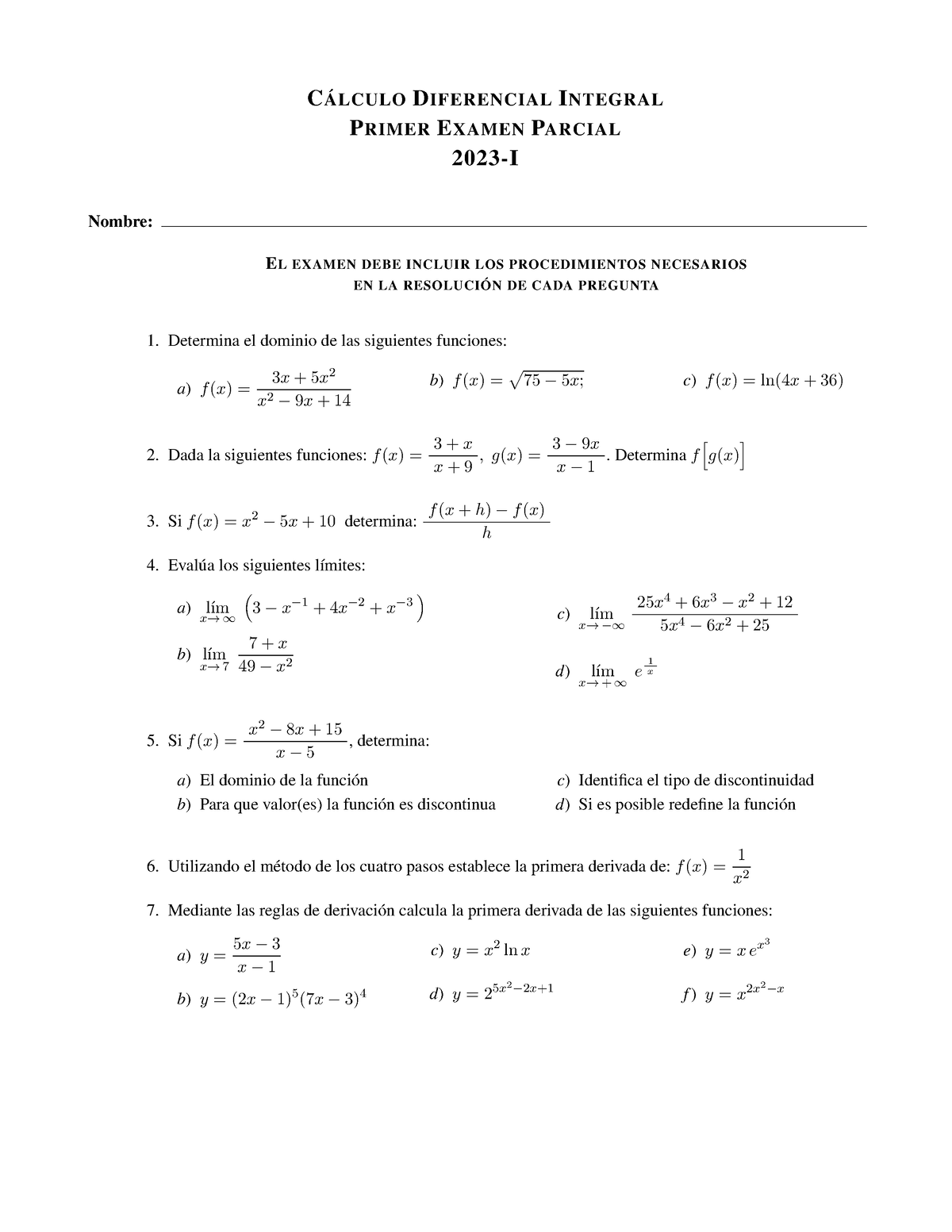 1er Examen Parcial Cálculo Diferencial Integral - CÁLCULO DIFERENCIAL ...