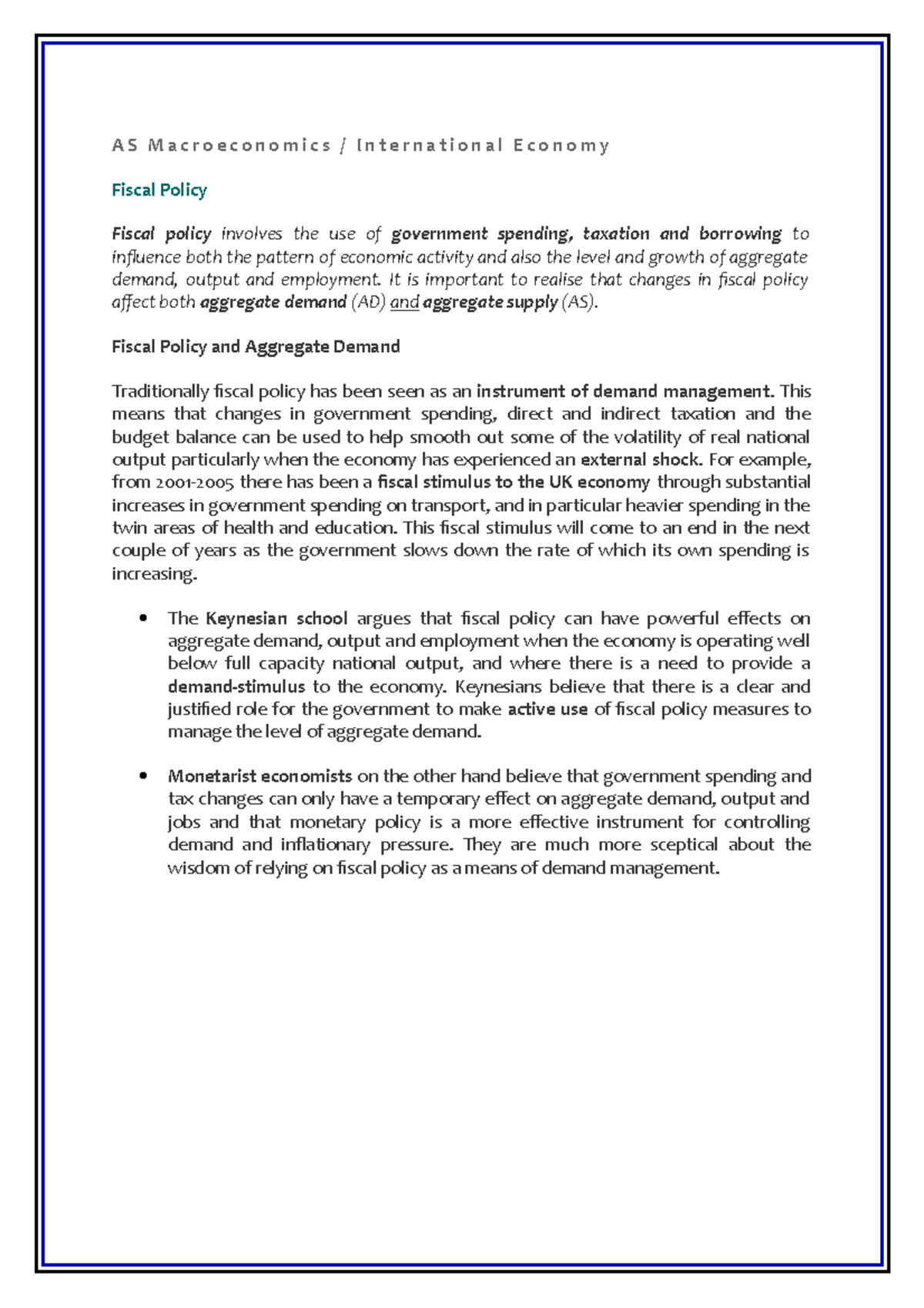 Macroeconomics Fiscal Policy Notes - AS Macroeconomics / International ...