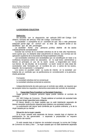 VII Sociedad Colectiva Comercial - Profesor Derecho Comercial LA SOCIEDAD  COLECTIVA Definición: De - Studocu